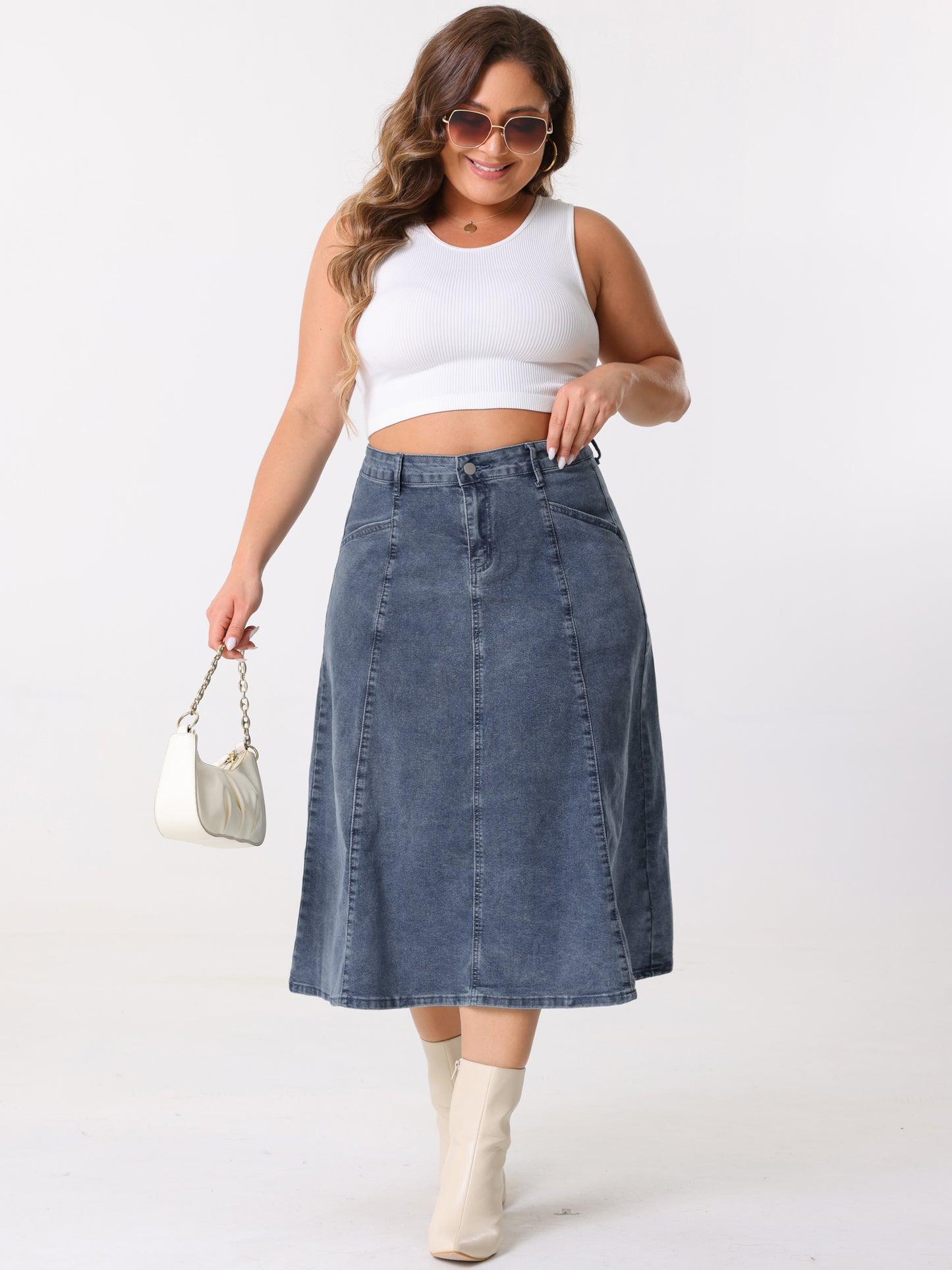 Women's Plus Size Denim Skirts Vintage High Waist with Pockets A-Line Midi Jean Skirt