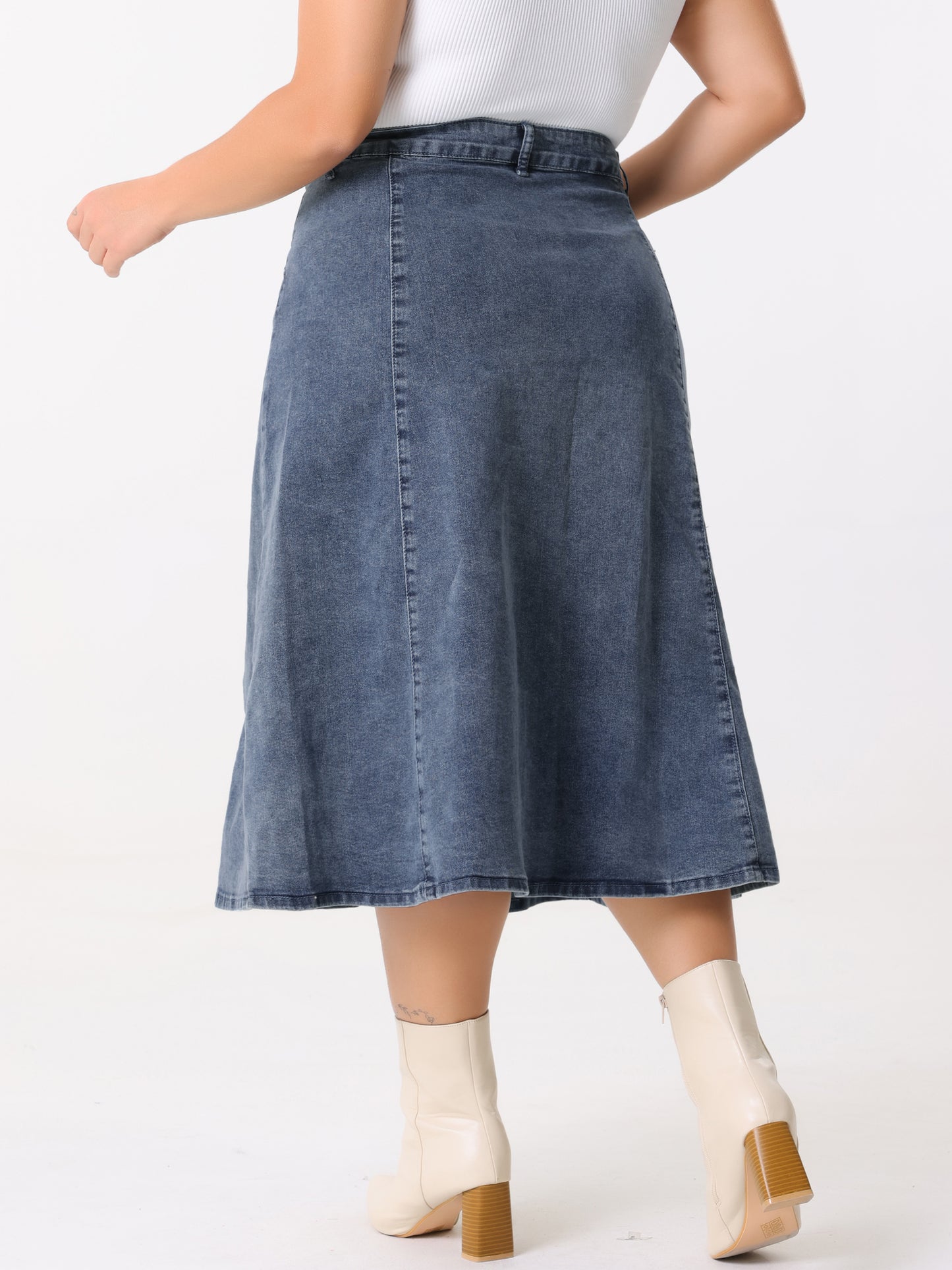Women's Plus Size Denim Skirts Vintage High Waist with Pockets A-Line Midi Jean Skirt