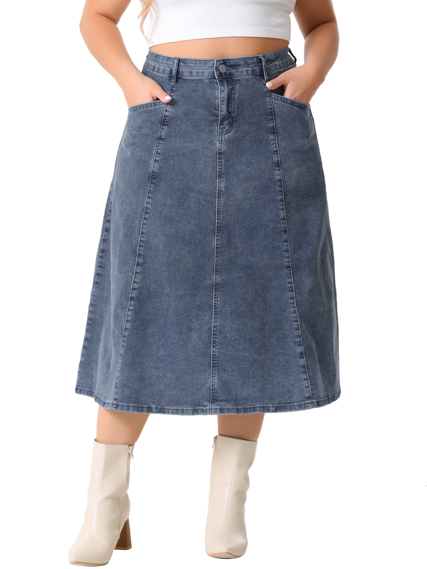 Women's Plus Size Denim Skirts Vintage High Waist with Pockets A-Line Midi Jean Skirt