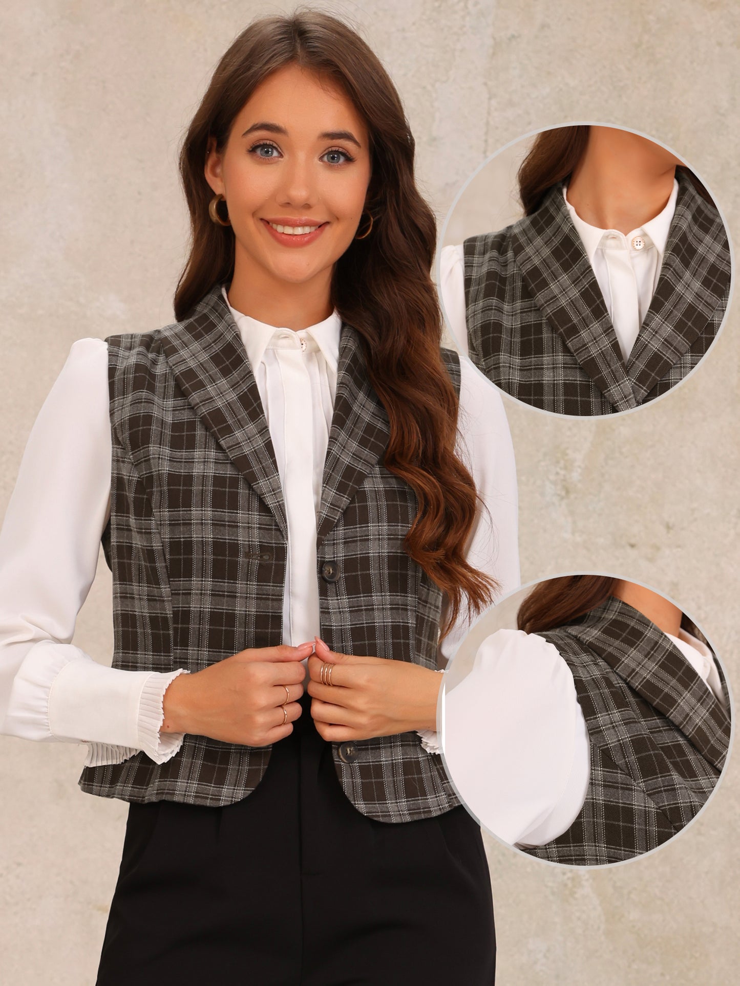 Women's Shawl Collar Button Down V Neck Retro Plaid Vest Waistcoat