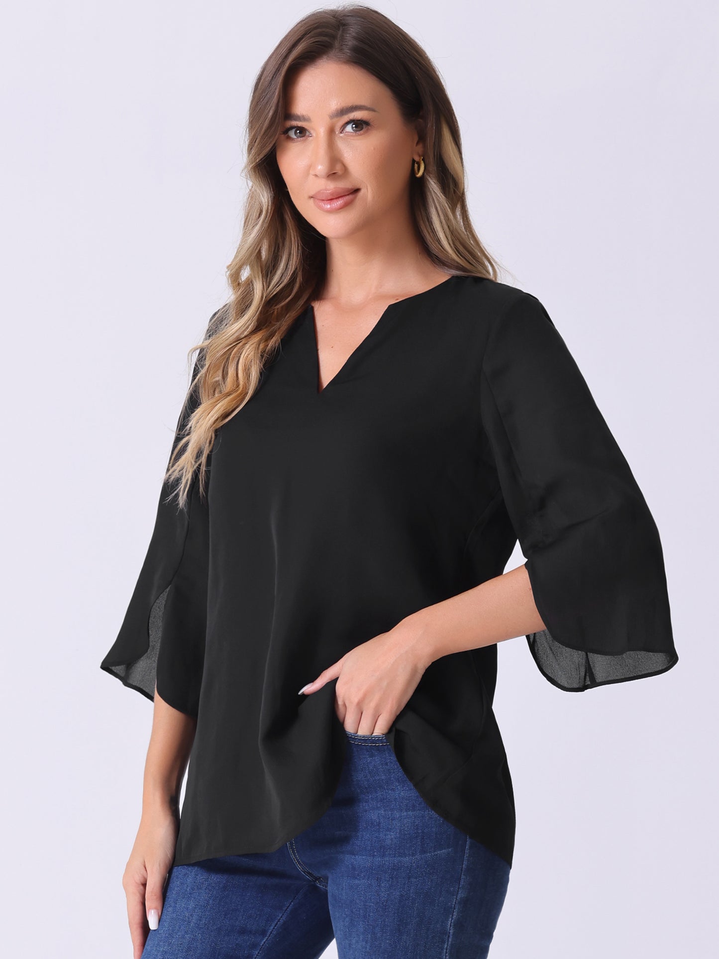 Women's 3/4 Split Sleeve V Neck Flowy Mesh Blouse Casual Dressy Tunic Top
