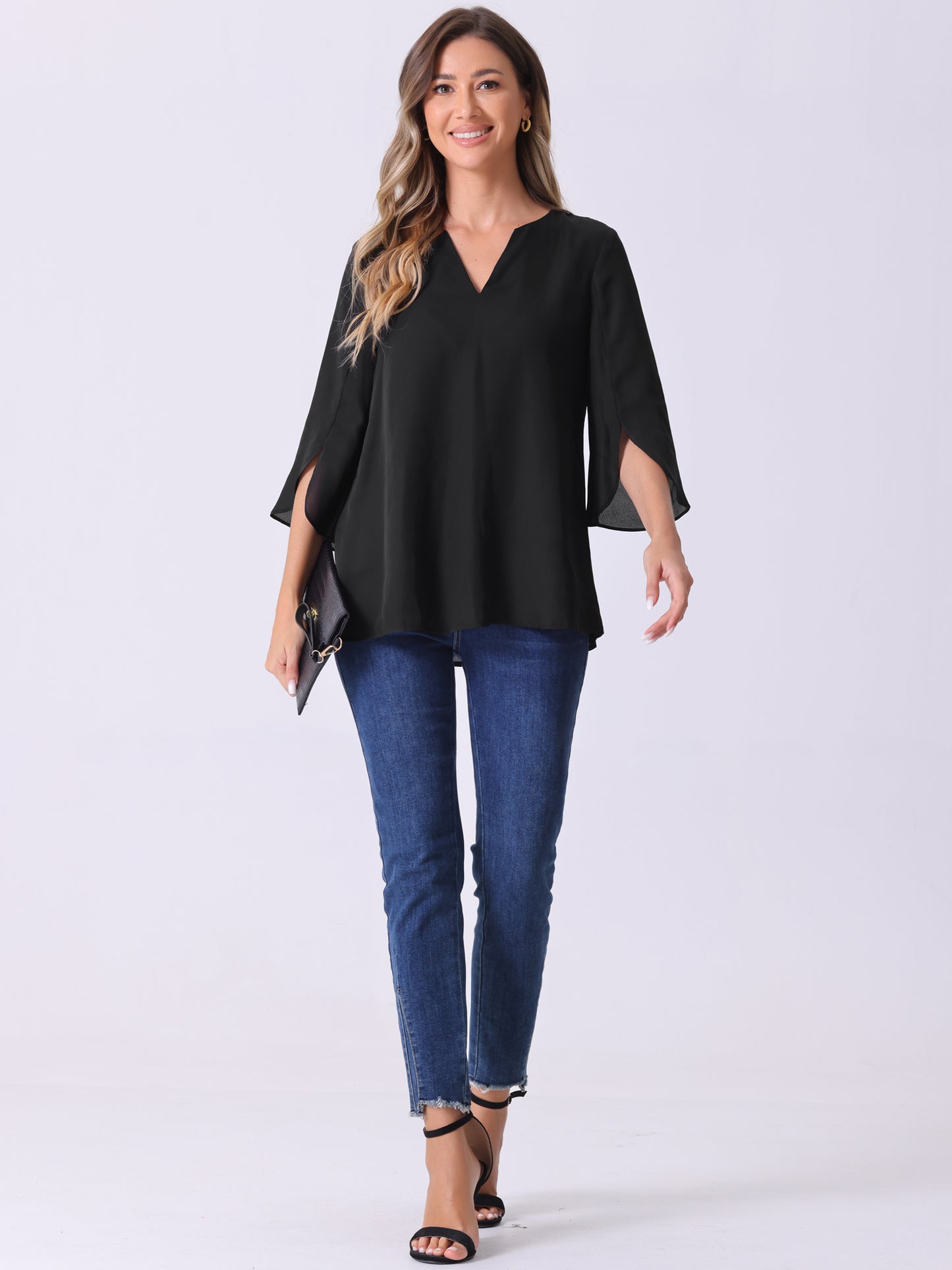 Women's 3/4 Split Sleeve V Neck Flowy Mesh Blouse Casual Dressy Tunic Top