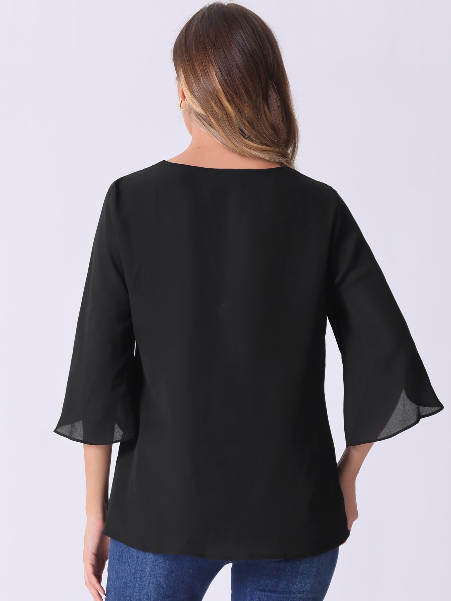 Women's 3/4 Split Sleeve V Neck Flowy Mesh Blouse Casual Dressy Tunic Top