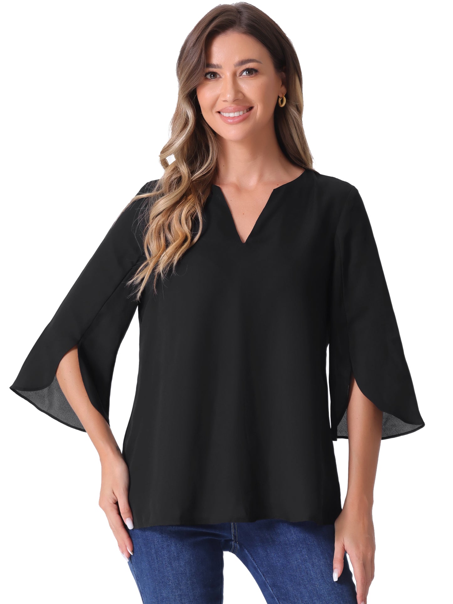 Women's 3/4 Split Sleeve V Neck Flowy Mesh Blouse Casual Dressy Tunic Top