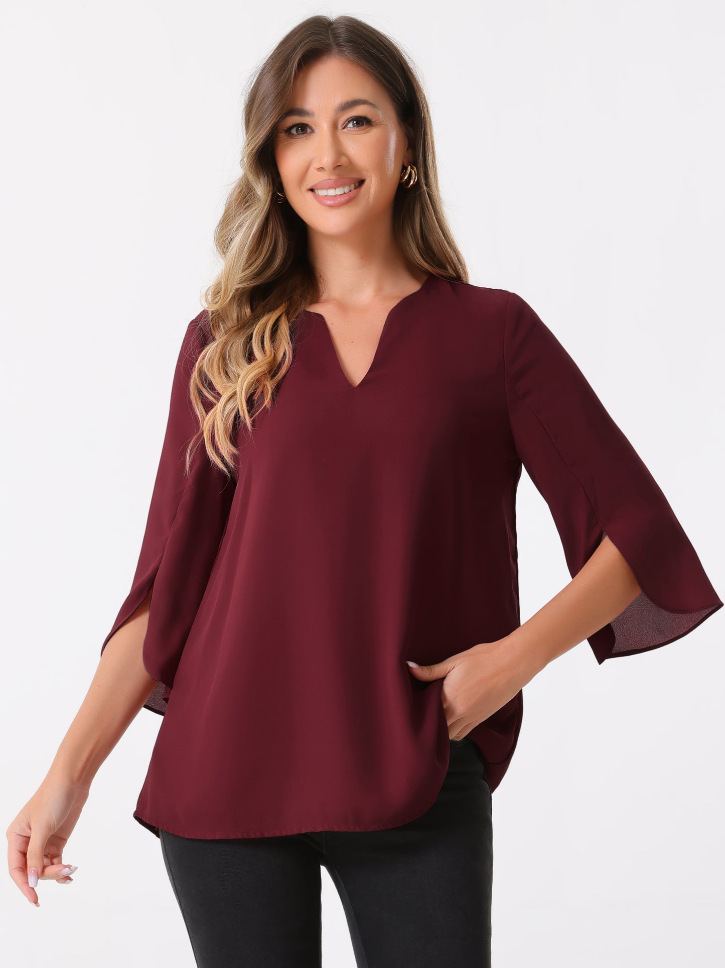 Women's 3/4 Split Sleeve V Neck Flowy Mesh Blouse Casual Dressy Tunic Top