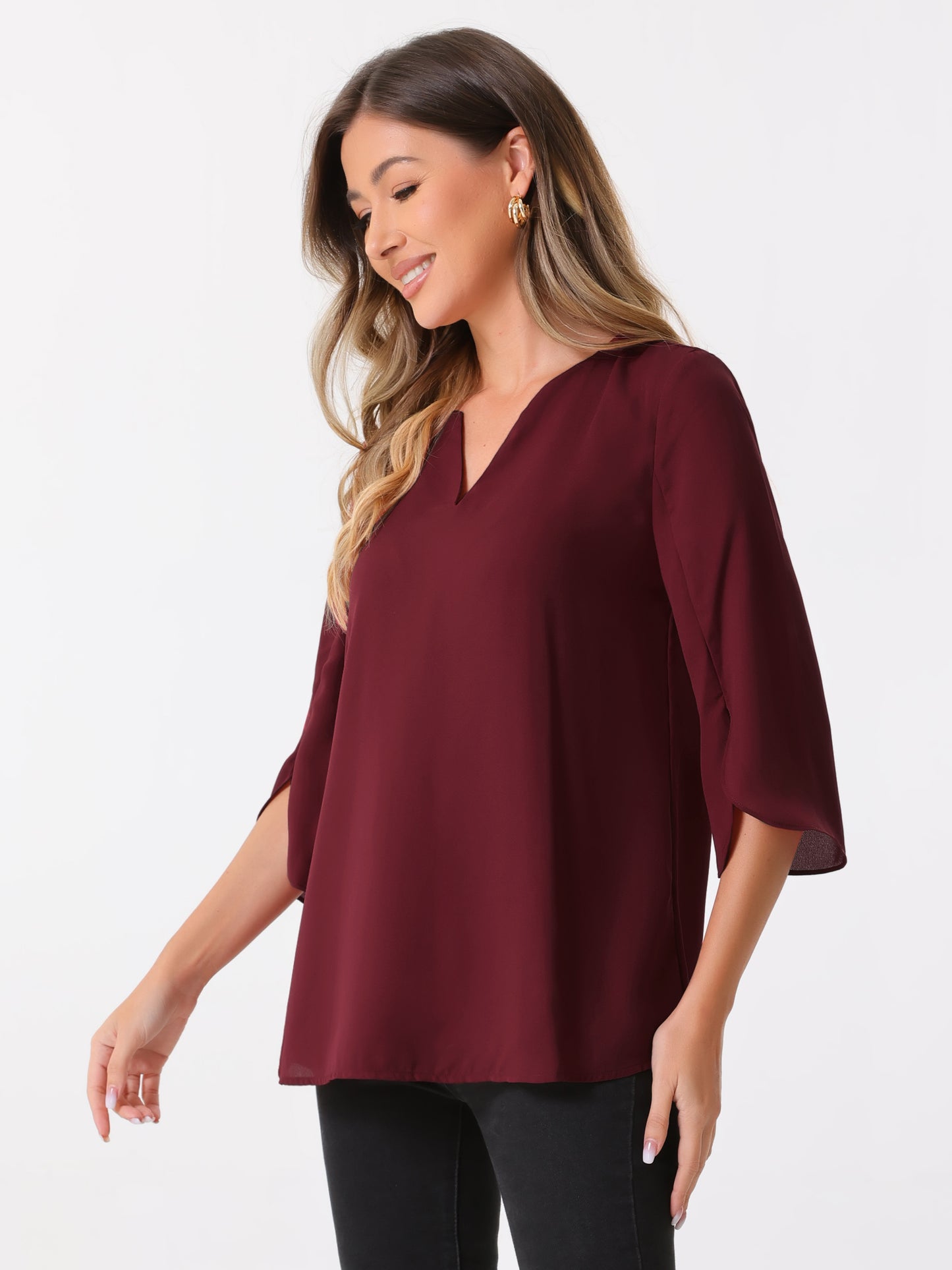 Women's 3/4 Split Sleeve V Neck Flowy Mesh Blouse Casual Dressy Tunic Top