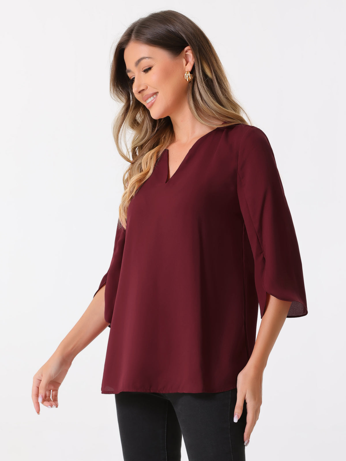Women's 3/4 Split Sleeve V Neck Flowy Mesh Blouse Casual Dressy Tunic Top