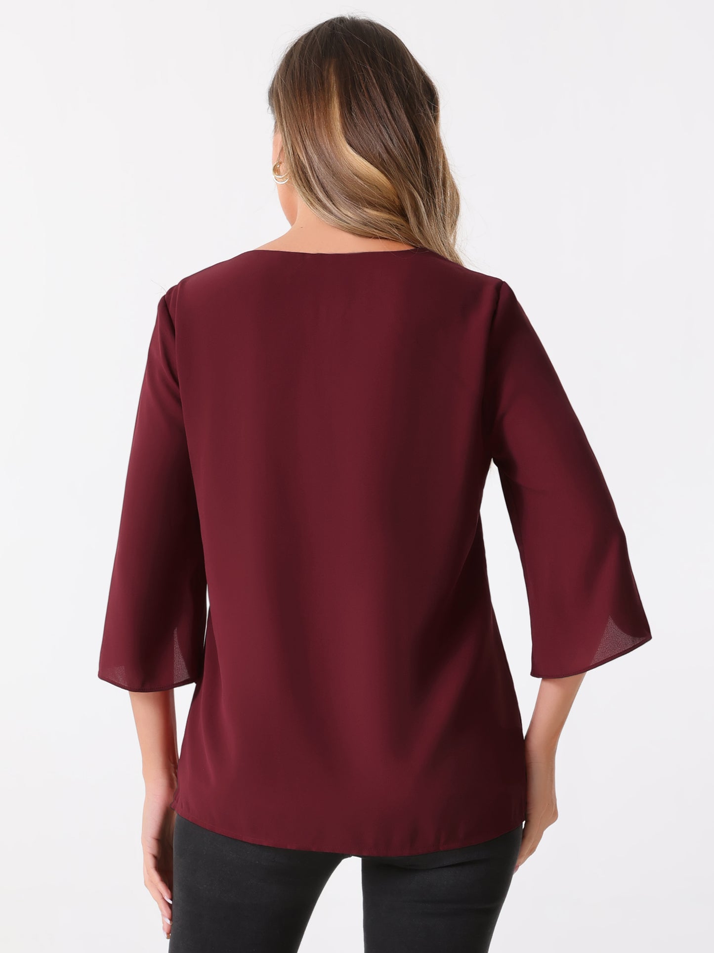 Women's 3/4 Split Sleeve V Neck Flowy Mesh Blouse Casual Dressy Tunic Top
