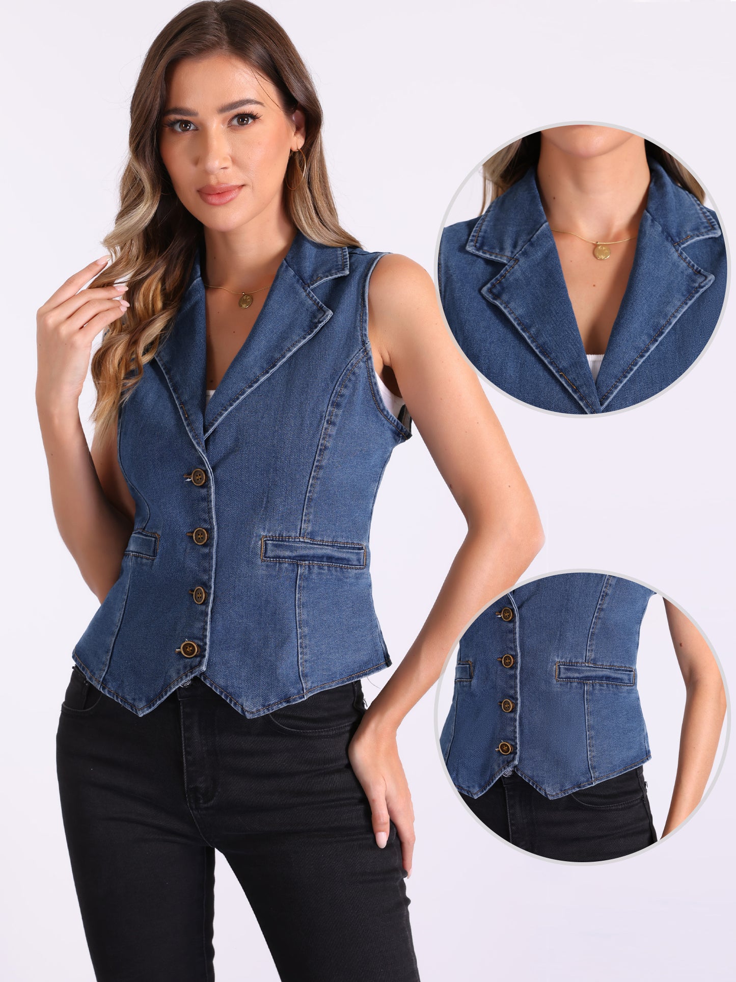 Women's Denim Waistcoat Button Closure Notched Lapel Vest
