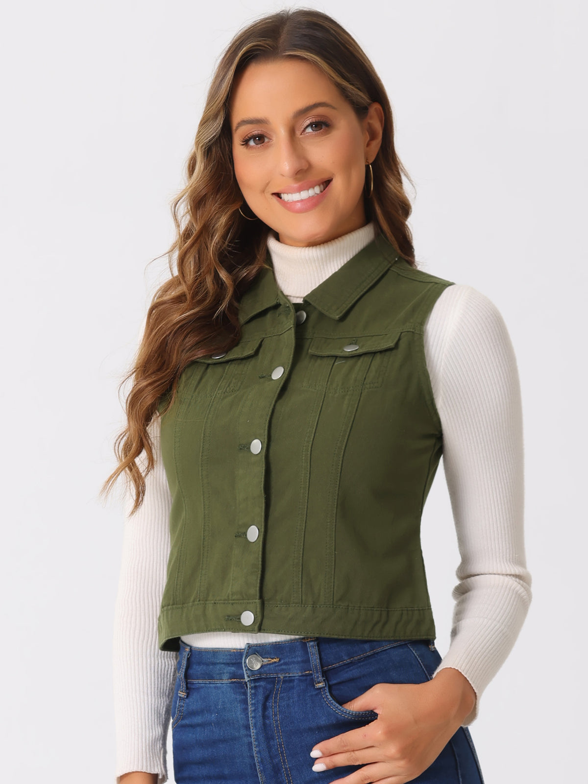 Women's Buttoned Washed Denim Vest Jacket W Chest Flap Pockets