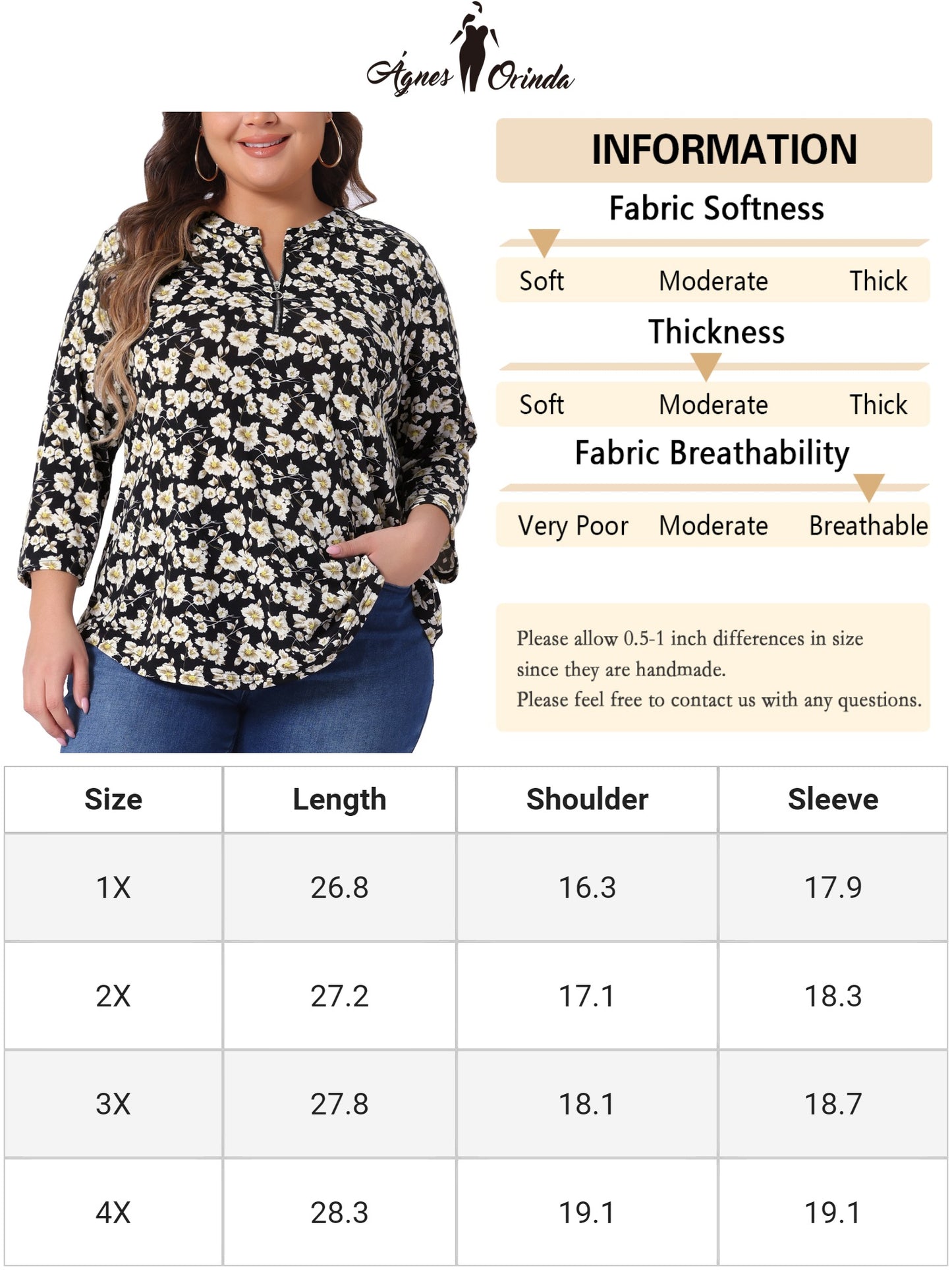 Women Plus Size Tops 3/4 Sleeve Zip Up Floral Print V Neck Casual Pullover Blouse