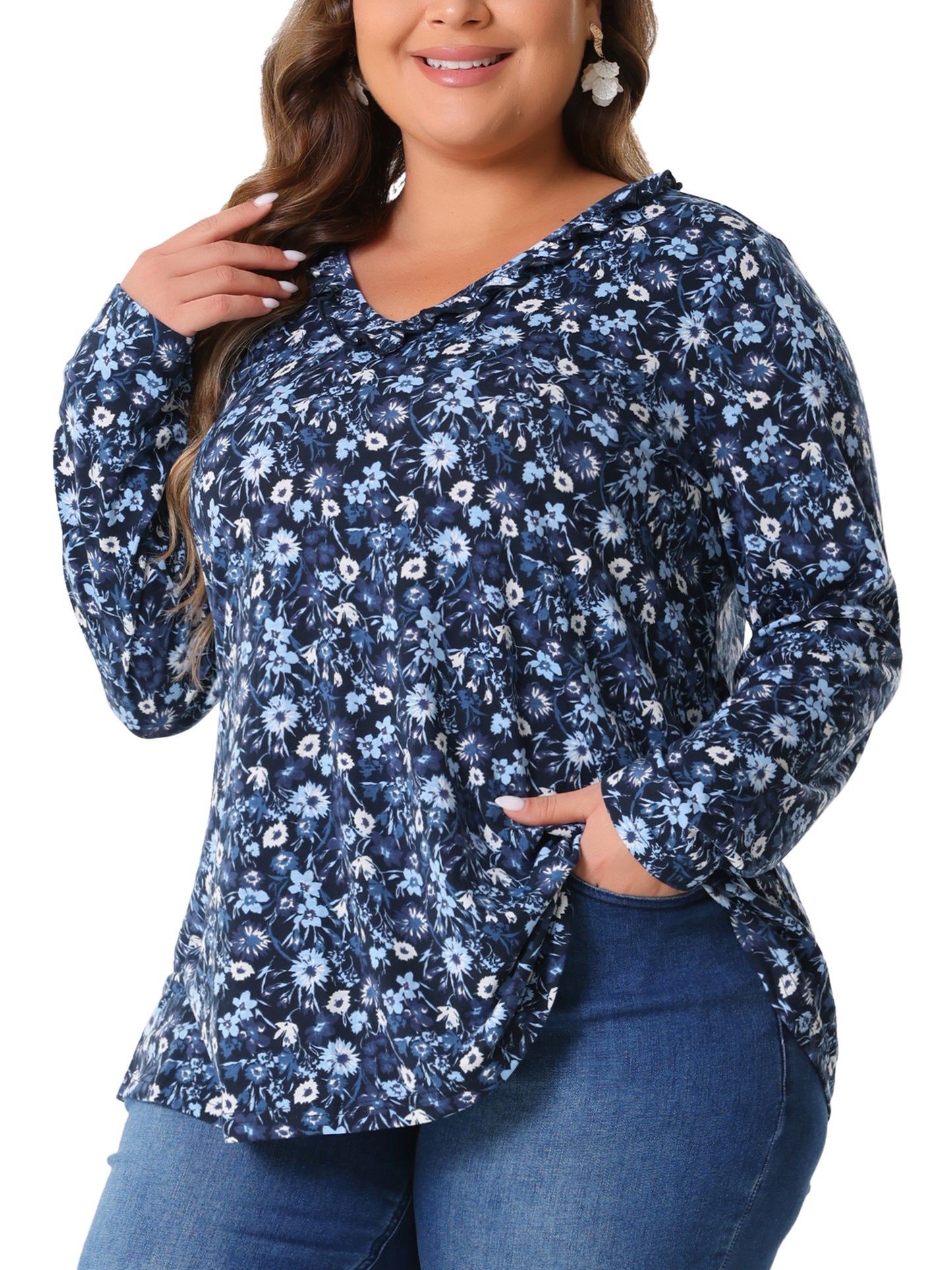 Women Plus Size Floral Tops V Neck Long Sleeve Ruffle Tunic Blouse