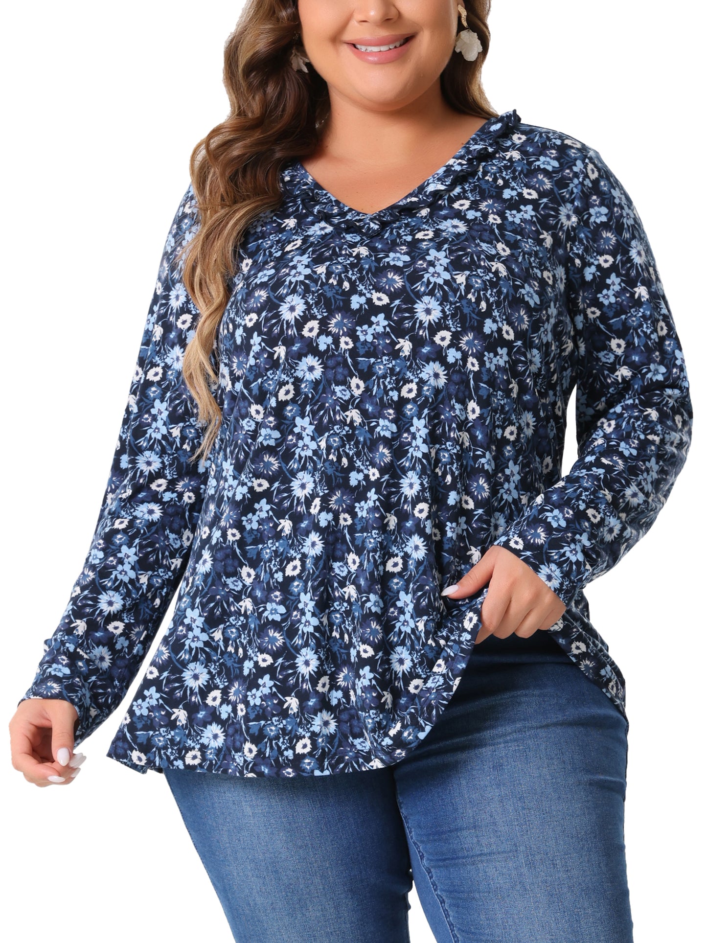 Women Plus Size Floral Tops V Neck Long Sleeve Ruffle Tunic Blouse