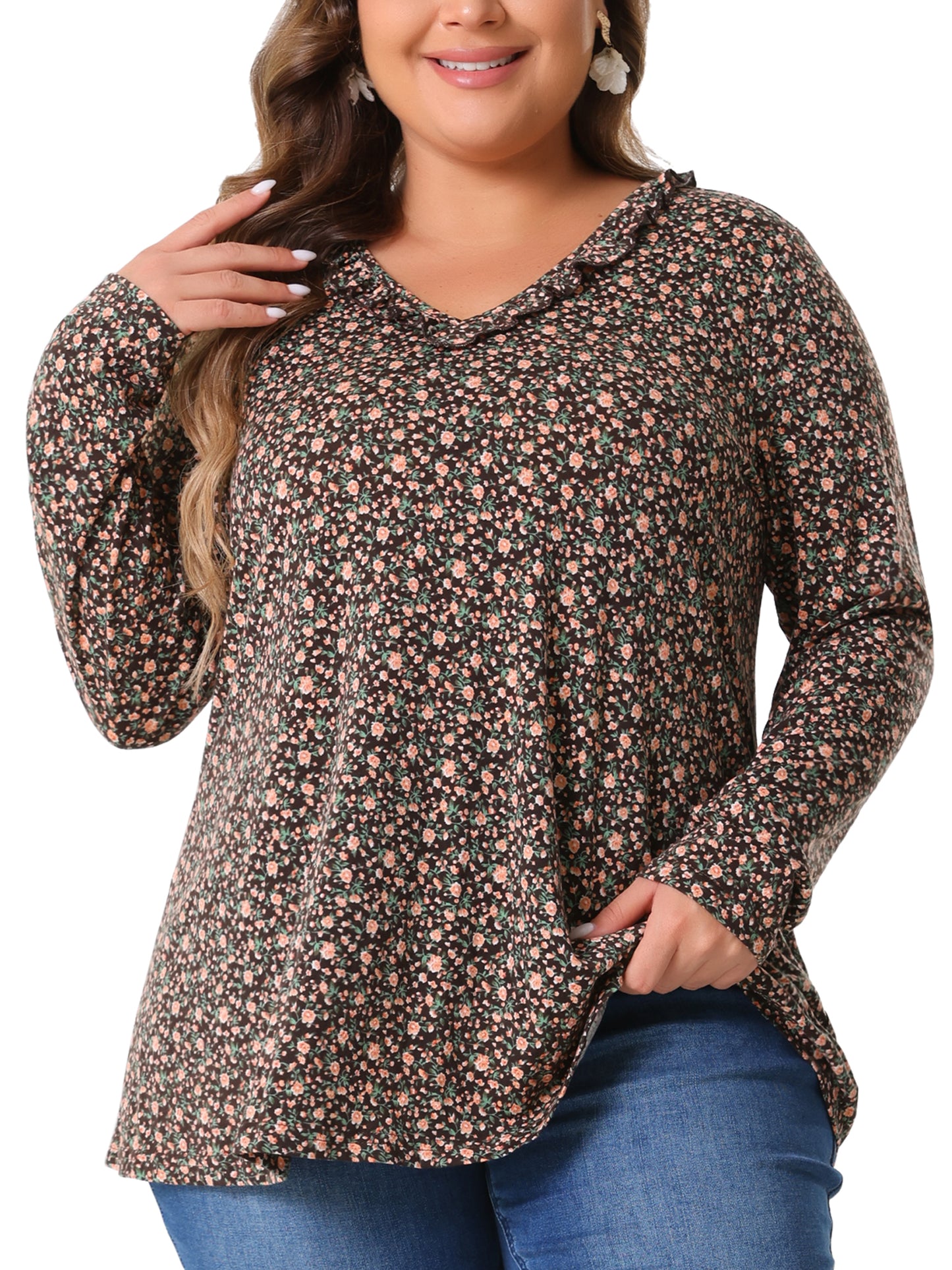 Women Plus Size Floral Tops V Neck Long Sleeve Ruffle Tunic Blouse