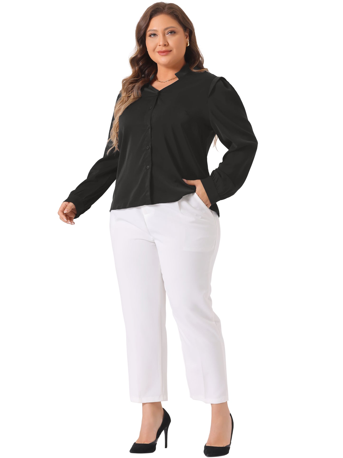 Women Plus Size Dressy Casual Shirts Button Up Notch V Neck Long Sleeve Work Office Top