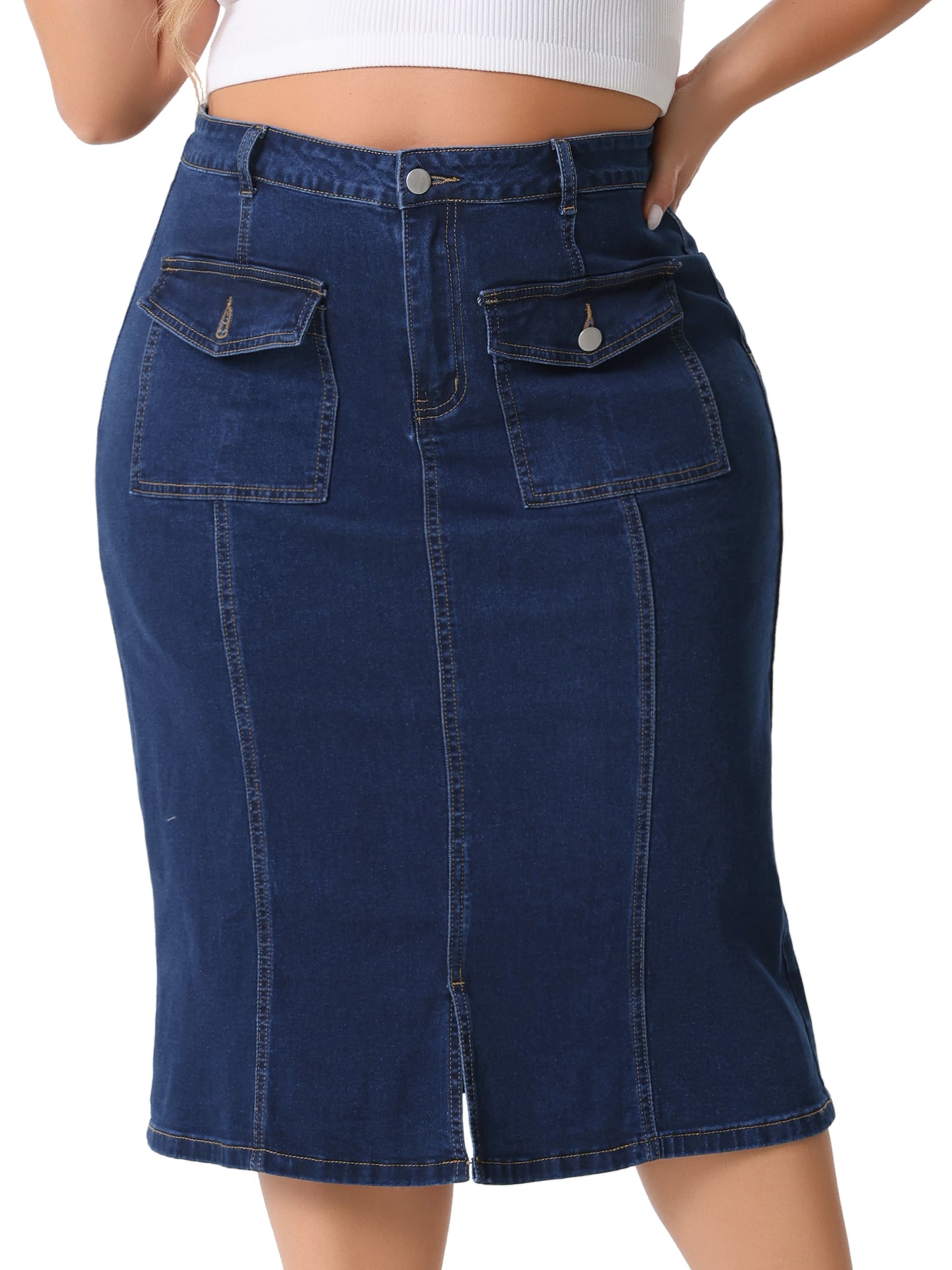 Women Plus Size Denim Skirt Basic High Waist Ripped Hem Pockets Jeans Skirts