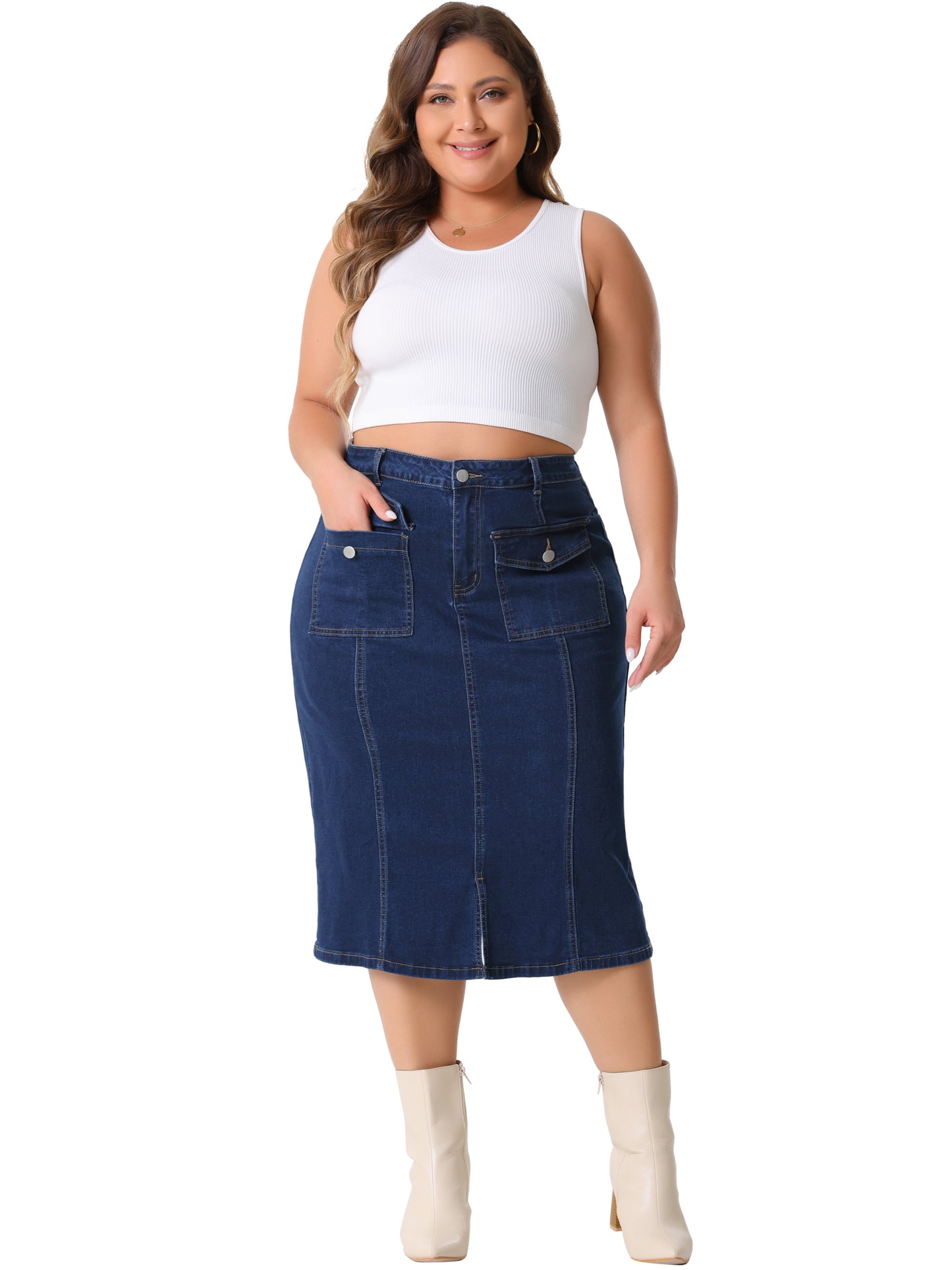 Women Plus Size Denim Skirt Basic High Waist Ripped Hem Pockets Jeans Skirts