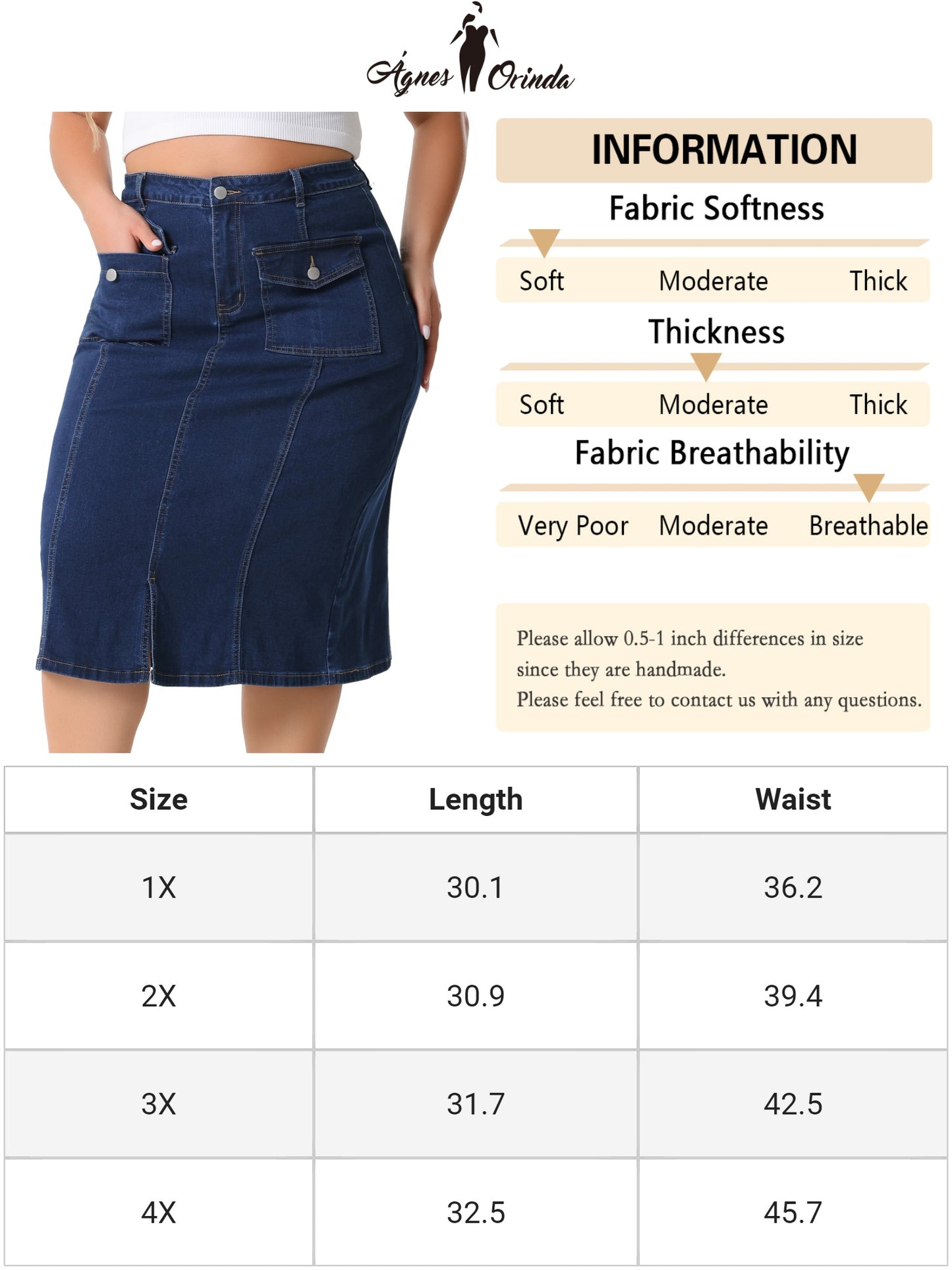 Women Plus Size Denim Skirt Basic High Waist Ripped Hem Pockets Jeans Skirts
