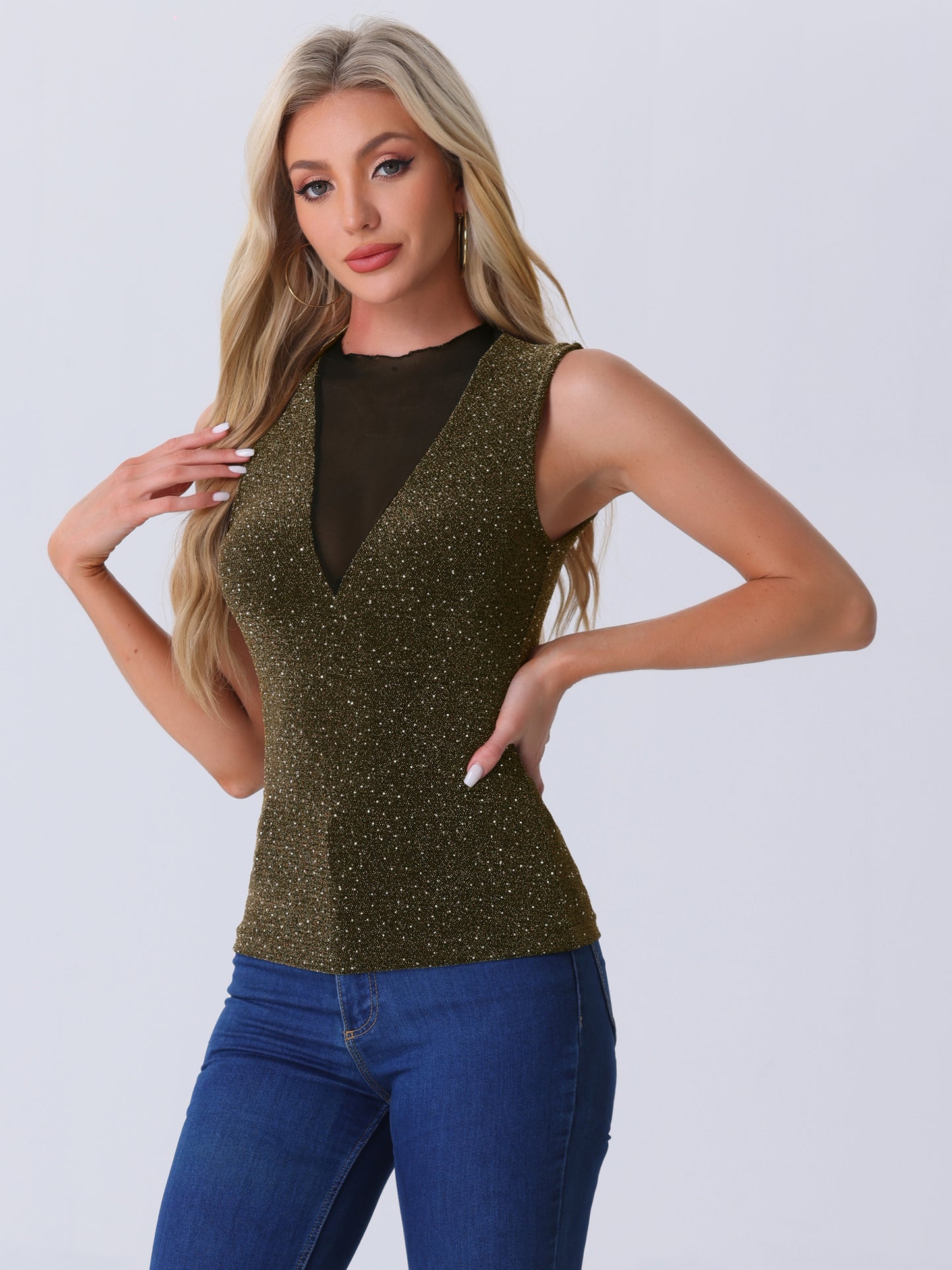Women's Sleeveless Glitter Party Glam Sparkly Mesh Top