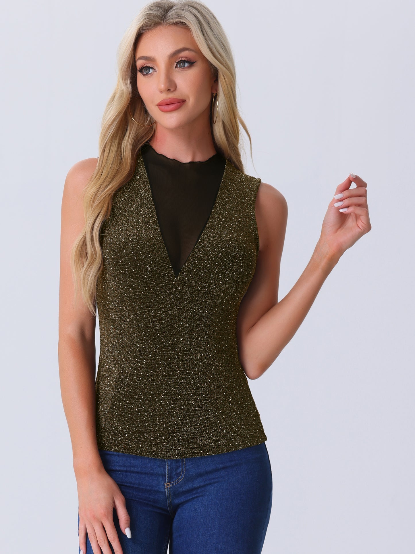 Women's Sleeveless Glitter Party Glam Sparkly Mesh Top