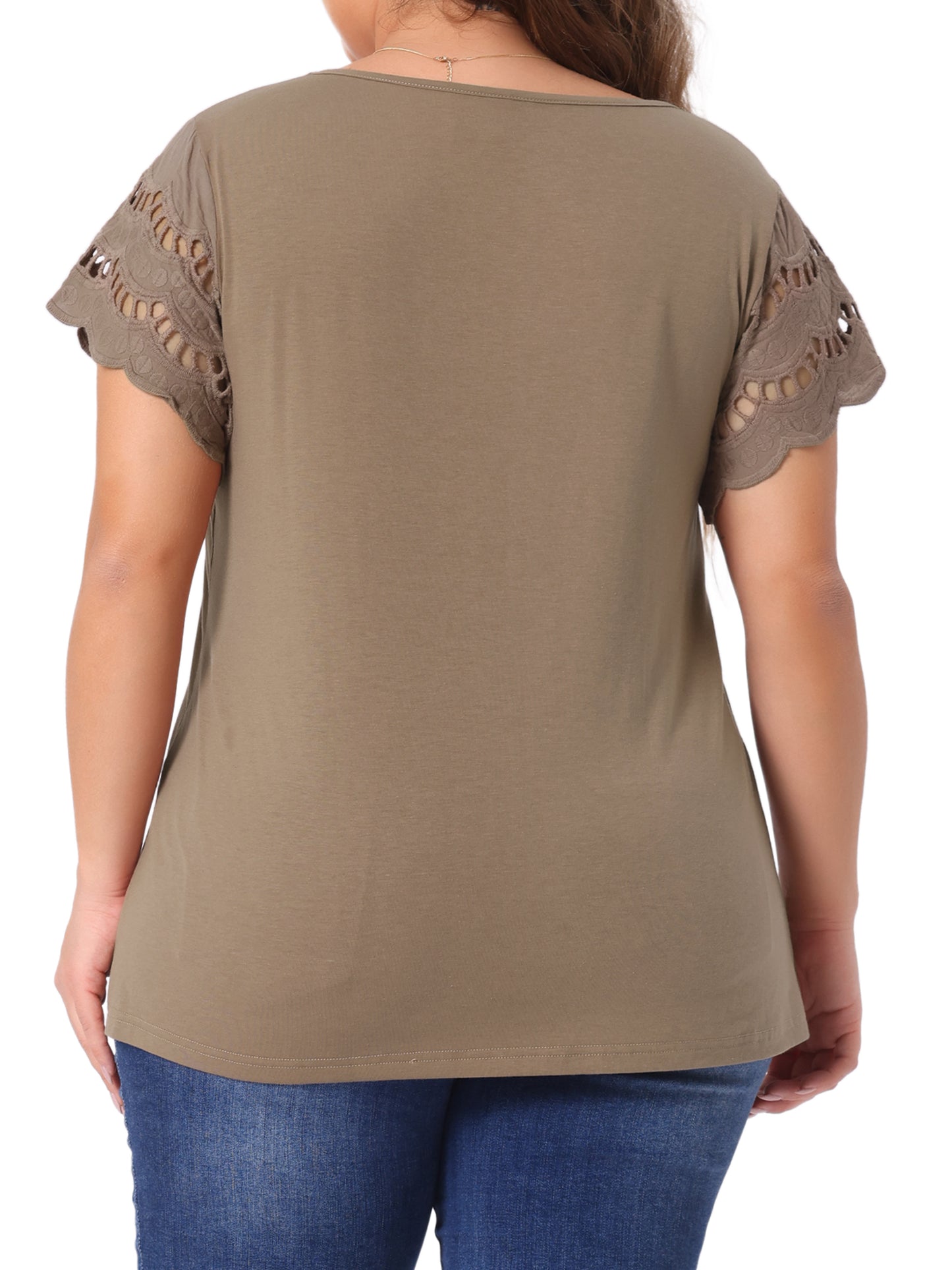 Women's Plus Size Top Round Neck Lace Panel Hollow Short Sleeve Elegant Summer Blouse