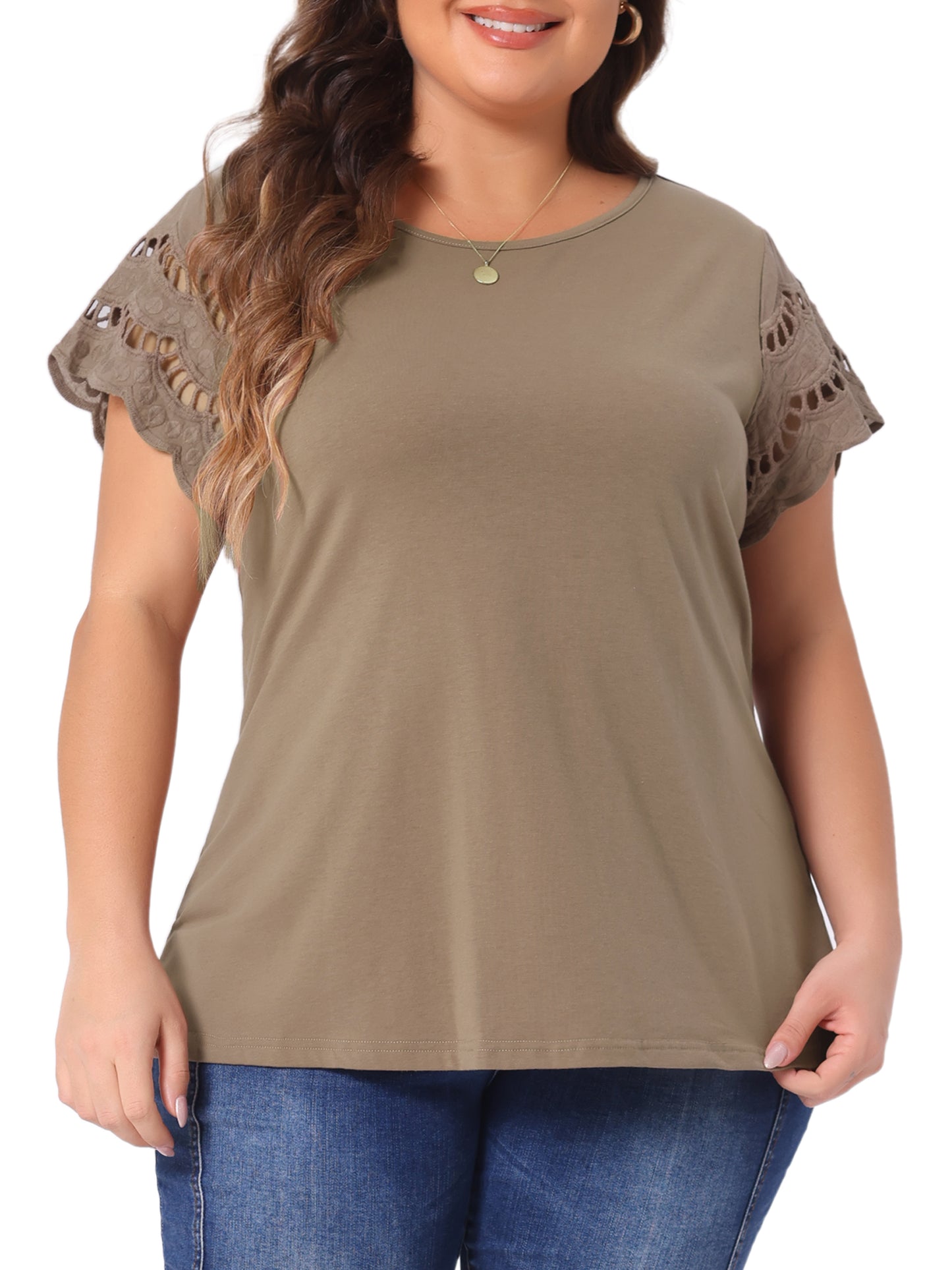 Women's Plus Size Top Round Neck Lace Panel Hollow Short Sleeve Elegant Summer Blouse