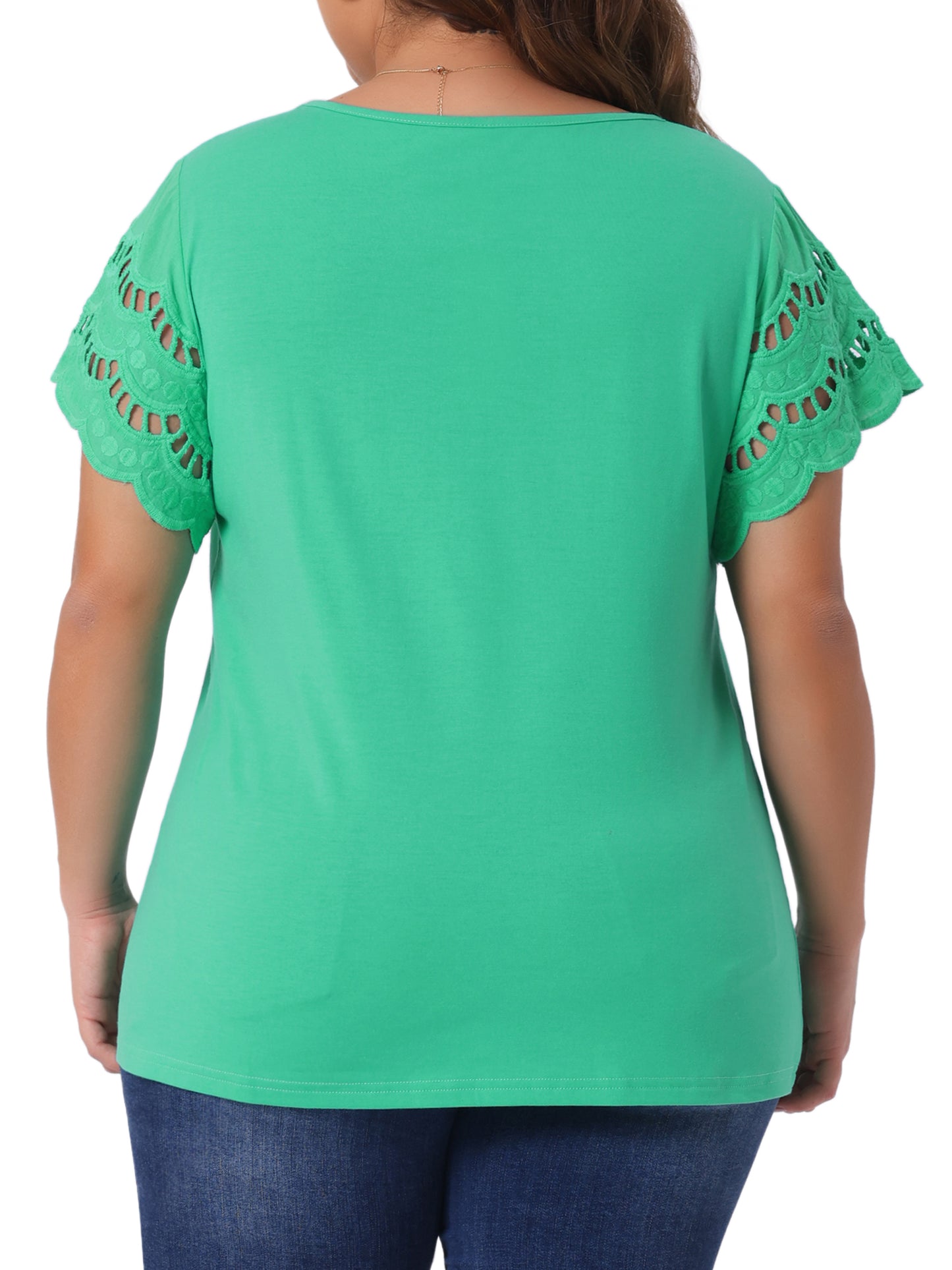 Women's Plus Size Top Round Neck Lace Panel Hollow Short Sleeve Elegant Summer Blouse