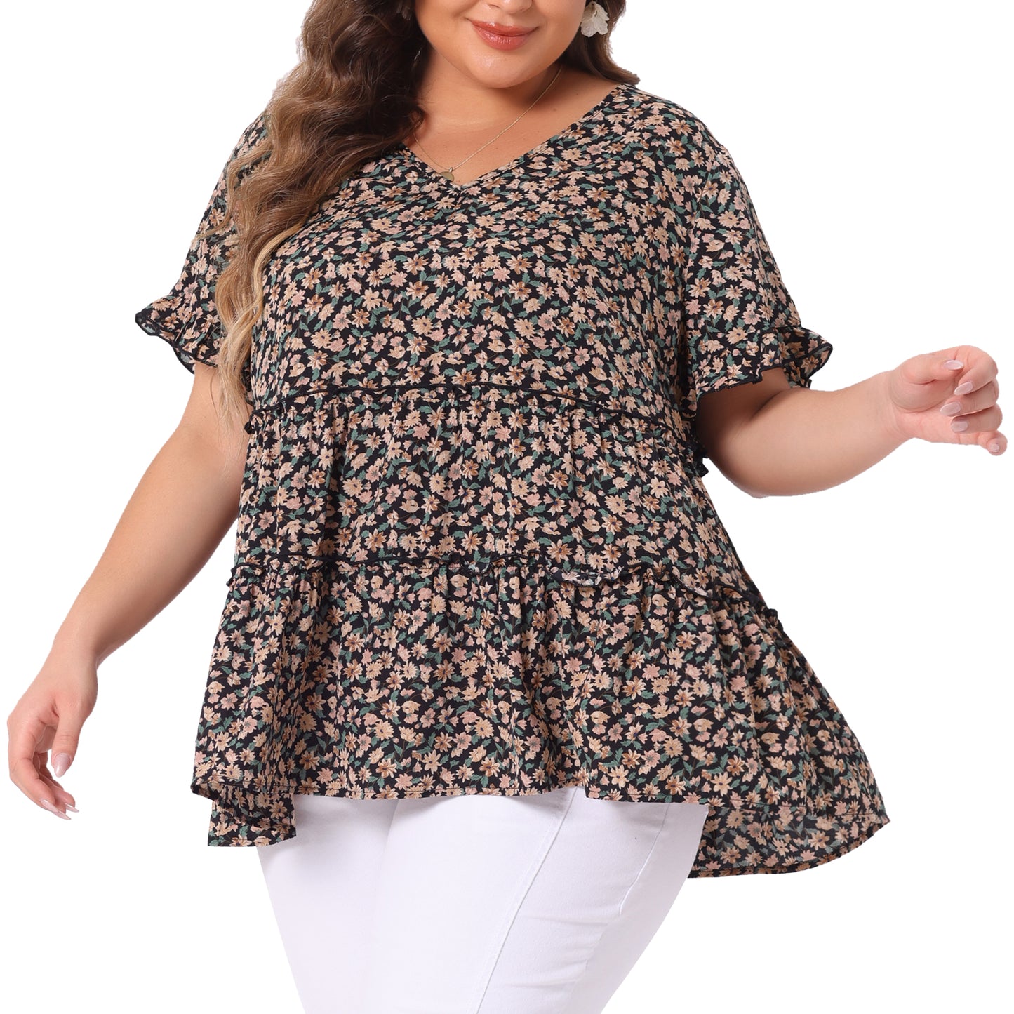 Women's Plus Size Blouse Summer Tops V Neck Short Sleeve Boho Floral Babydolls Blouse