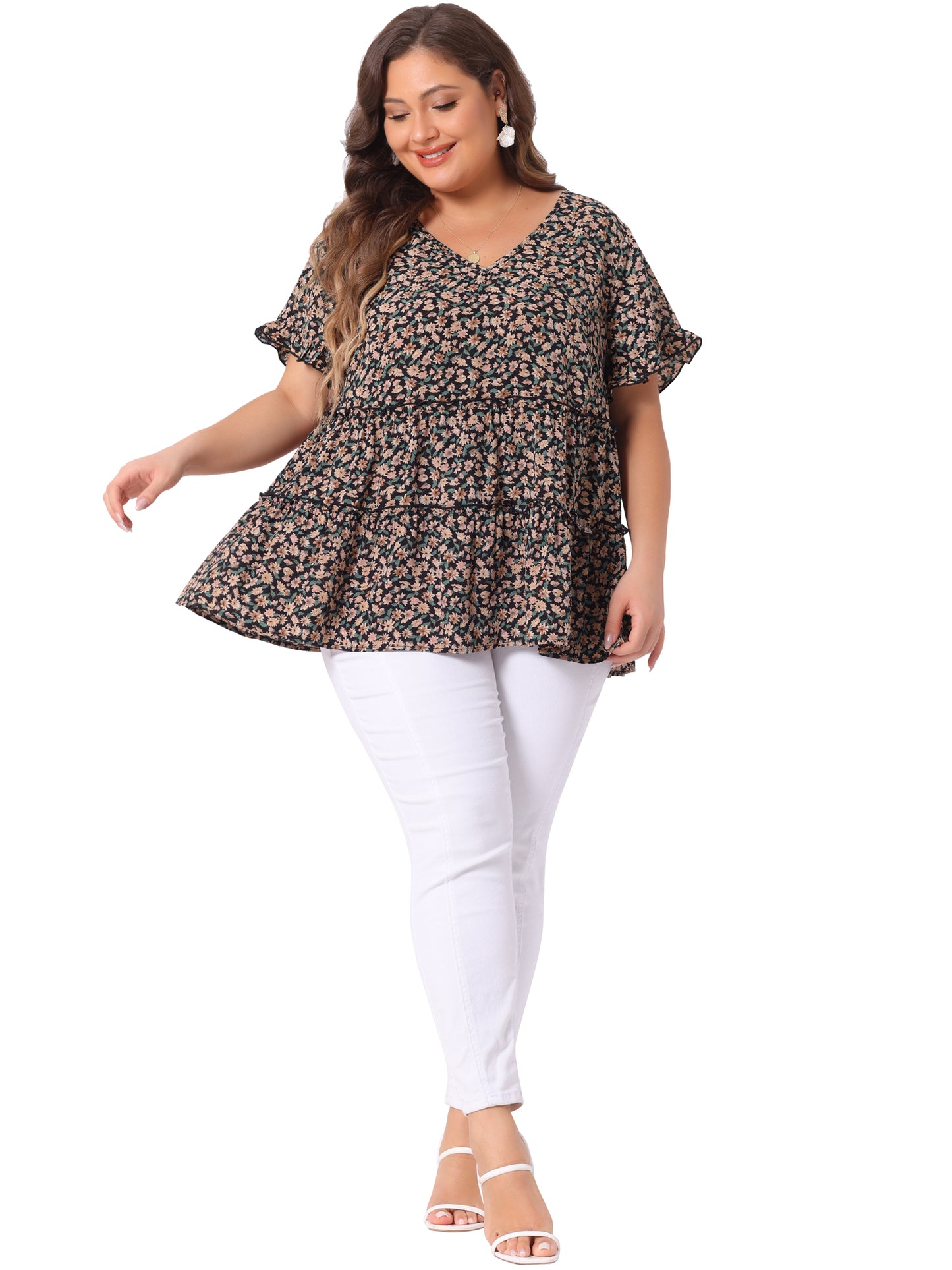 Women's Plus Size Blouse Summer Tops V Neck Short Sleeve Boho Floral Babydolls Blouse