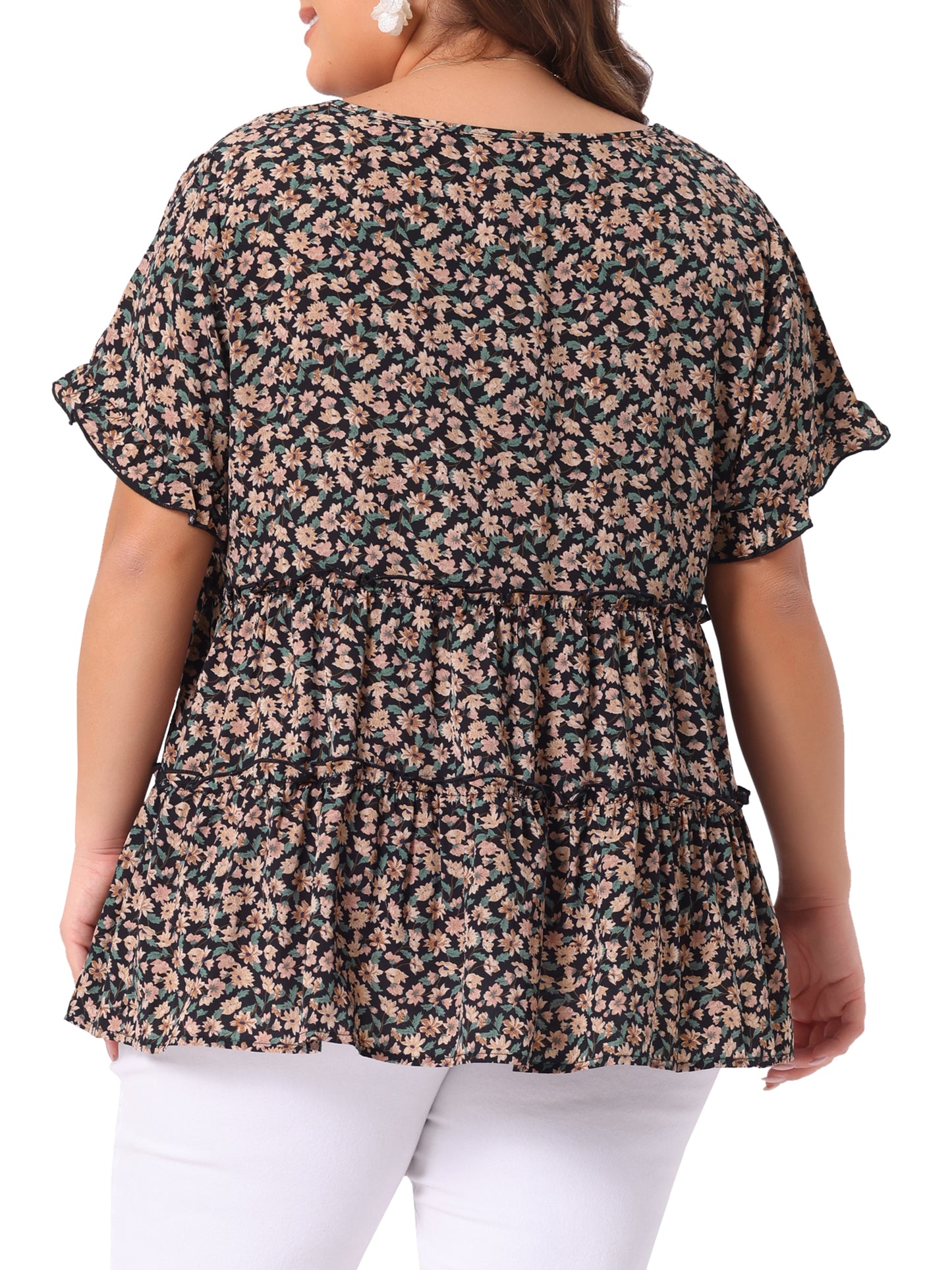 Women's Plus Size Blouse Summer Tops V Neck Short Sleeve Boho Floral Babydolls Blouse