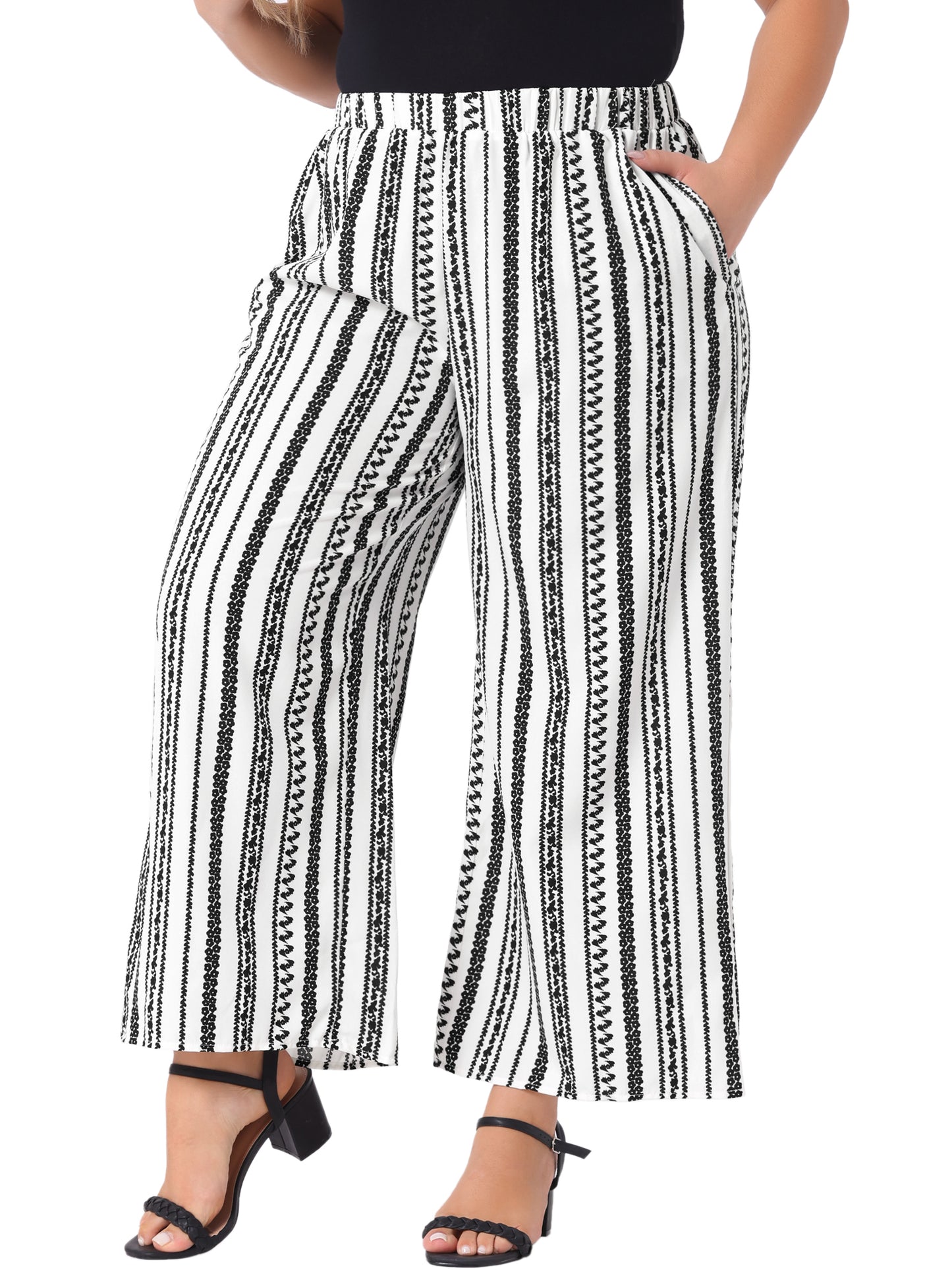 Women Plus Size Palazzo Pants Stripe Boho Wide Leg Paper Bag Pants Beach Casual Summer