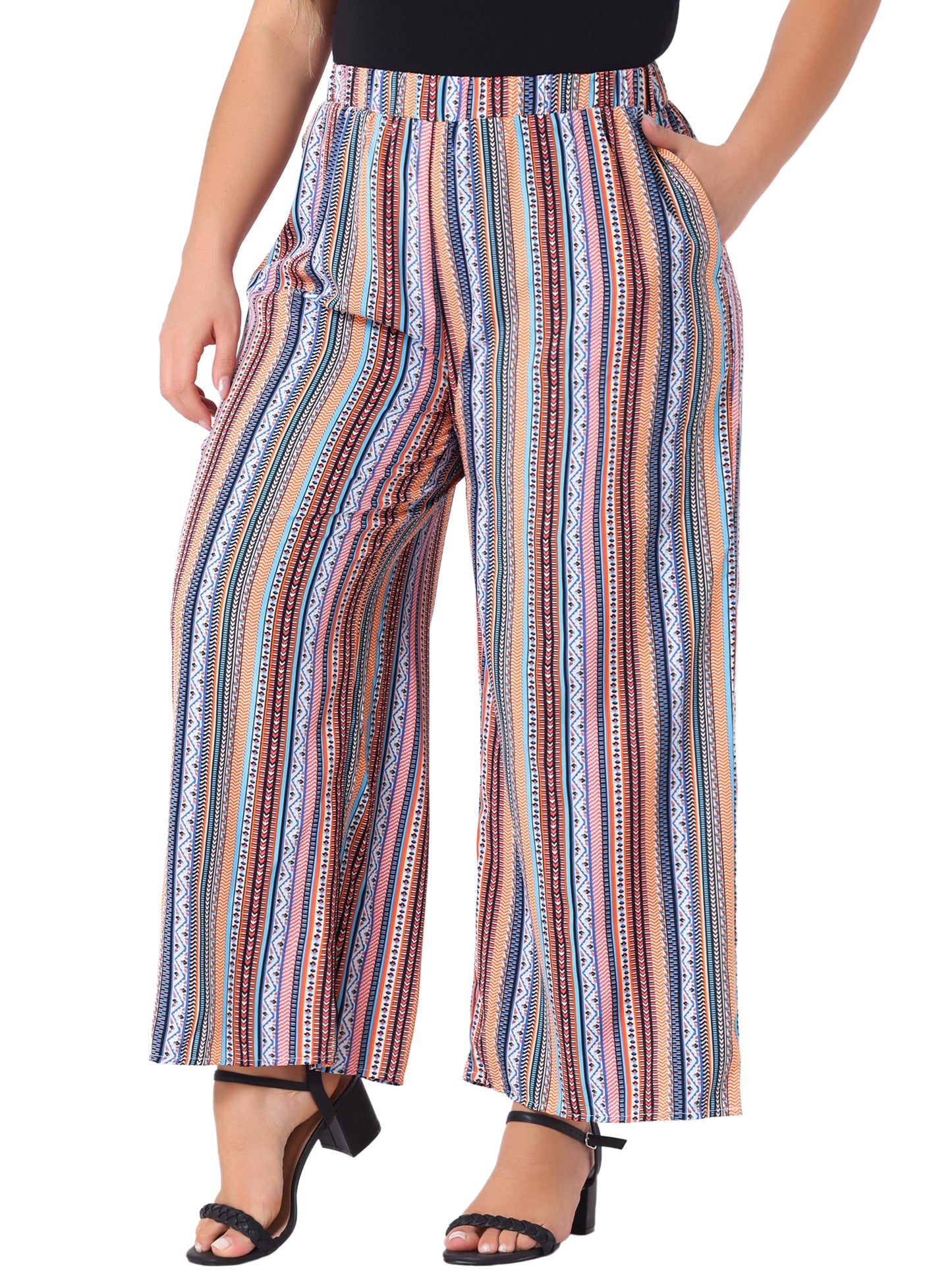 Women Plus Size Palazzo Pants Stripe Boho Wide Leg Paper Bag Pants Beach Casual Summer