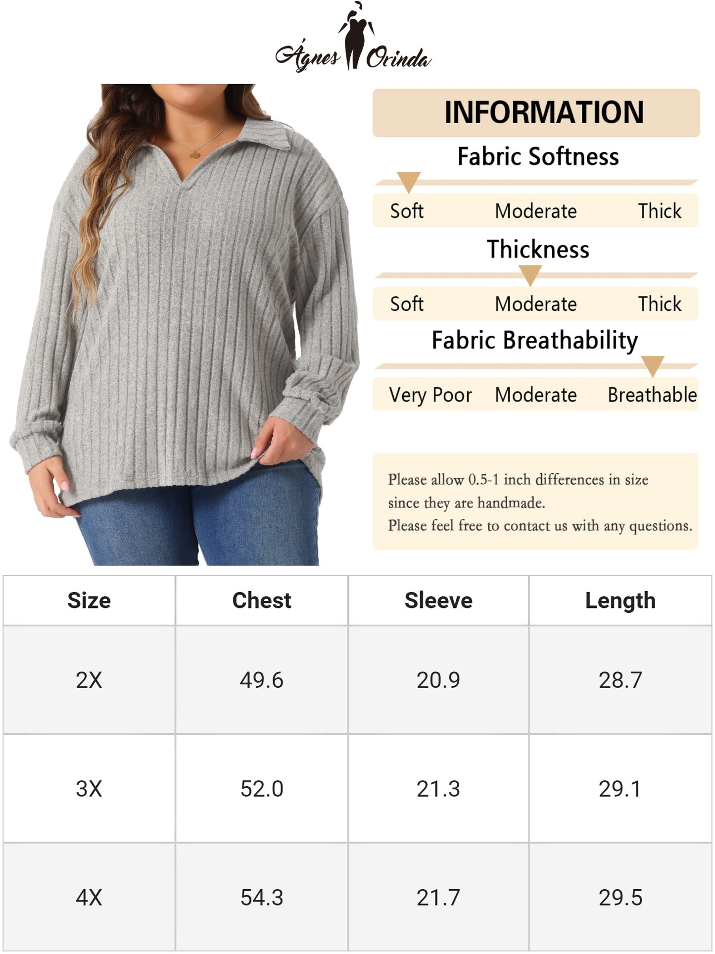 Women's Plus Size Loose Polo V Neck Long Sleeve T Shirts Casual Collared Ribbed Brushed Top Sweater