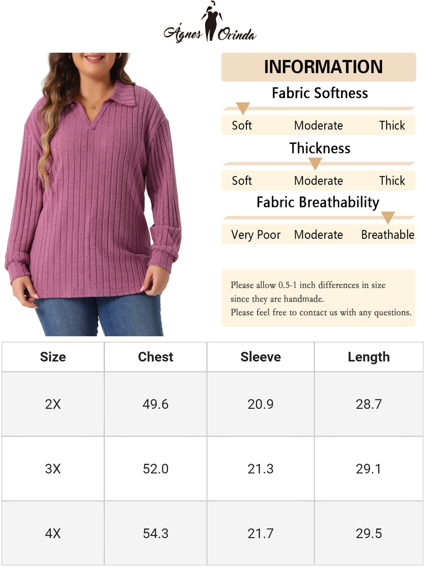 Women's Plus Size Loose Polo V Neck Long Sleeve T Shirts Casual Collared Ribbed Brushed Top Sweater