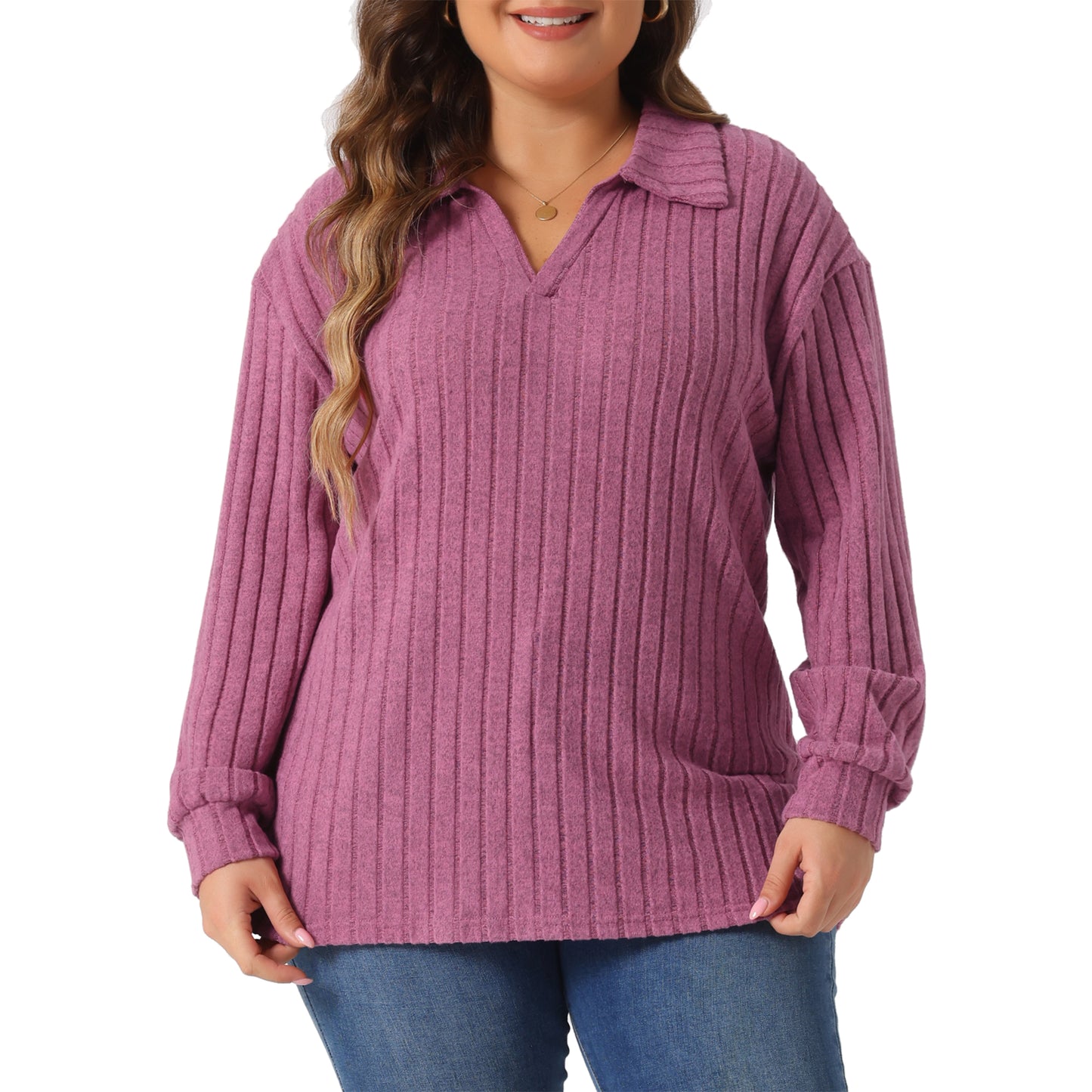 Women's Plus Size Loose Polo V Neck Long Sleeve T Shirts Casual Collared Ribbed Brushed Top Sweater