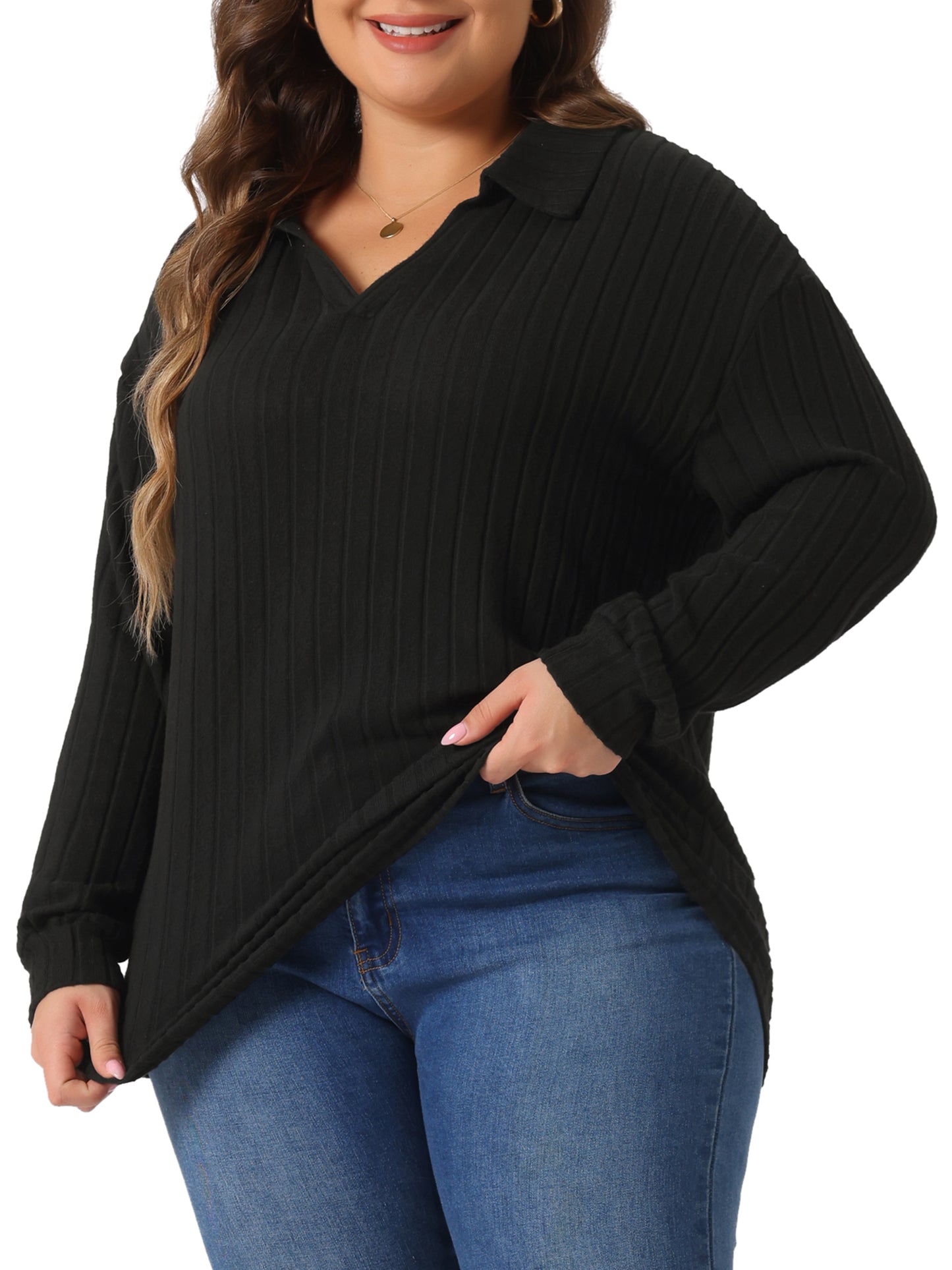 Women's Plus Size Loose Polo V Neck Long Sleeve T Shirts Casual Collared Ribbed Brushed Top Sweater