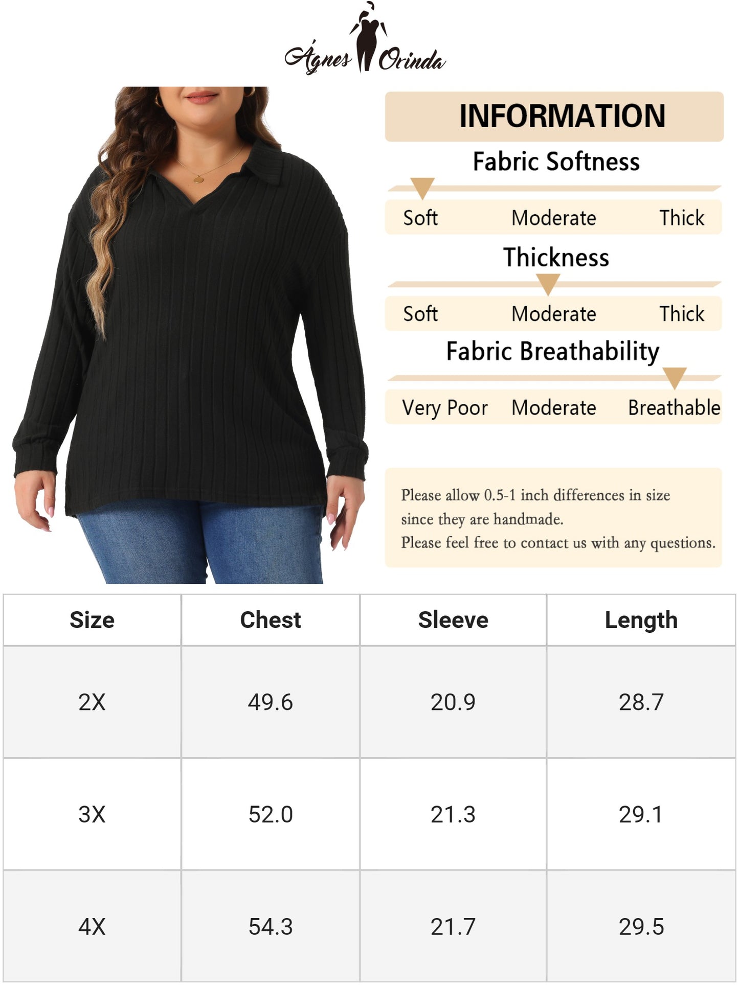 Camiseta polo holgada de manga larga con cuello en V para mujer, suéter informal con cuello acanalado y cepillado, talla grande