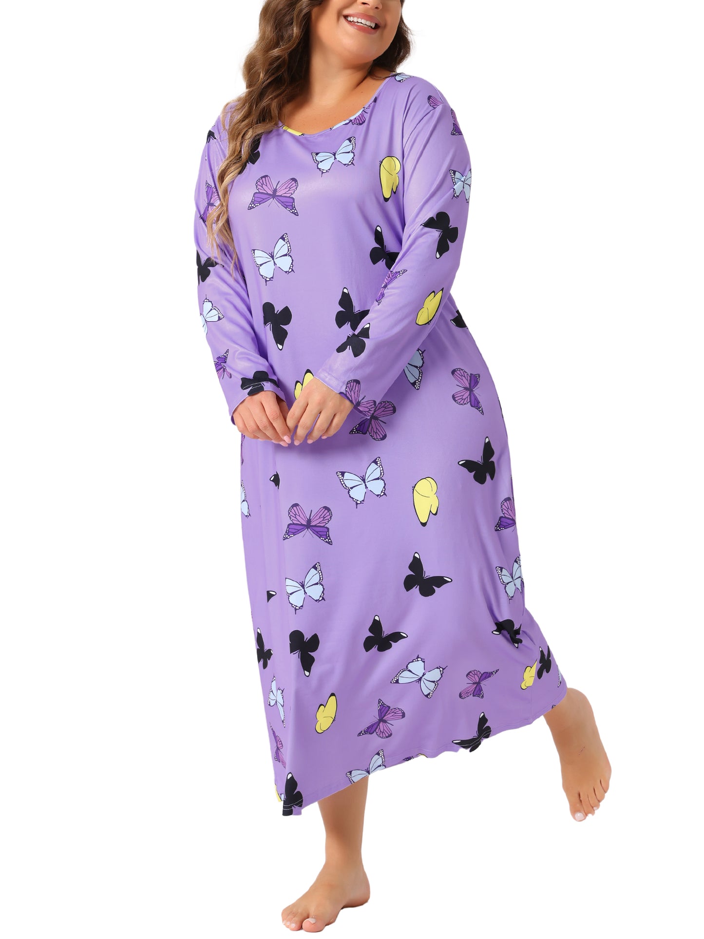 Women Plus Size Pajamas Crew Neck Long Sleeve Casual Print Sleep Dress