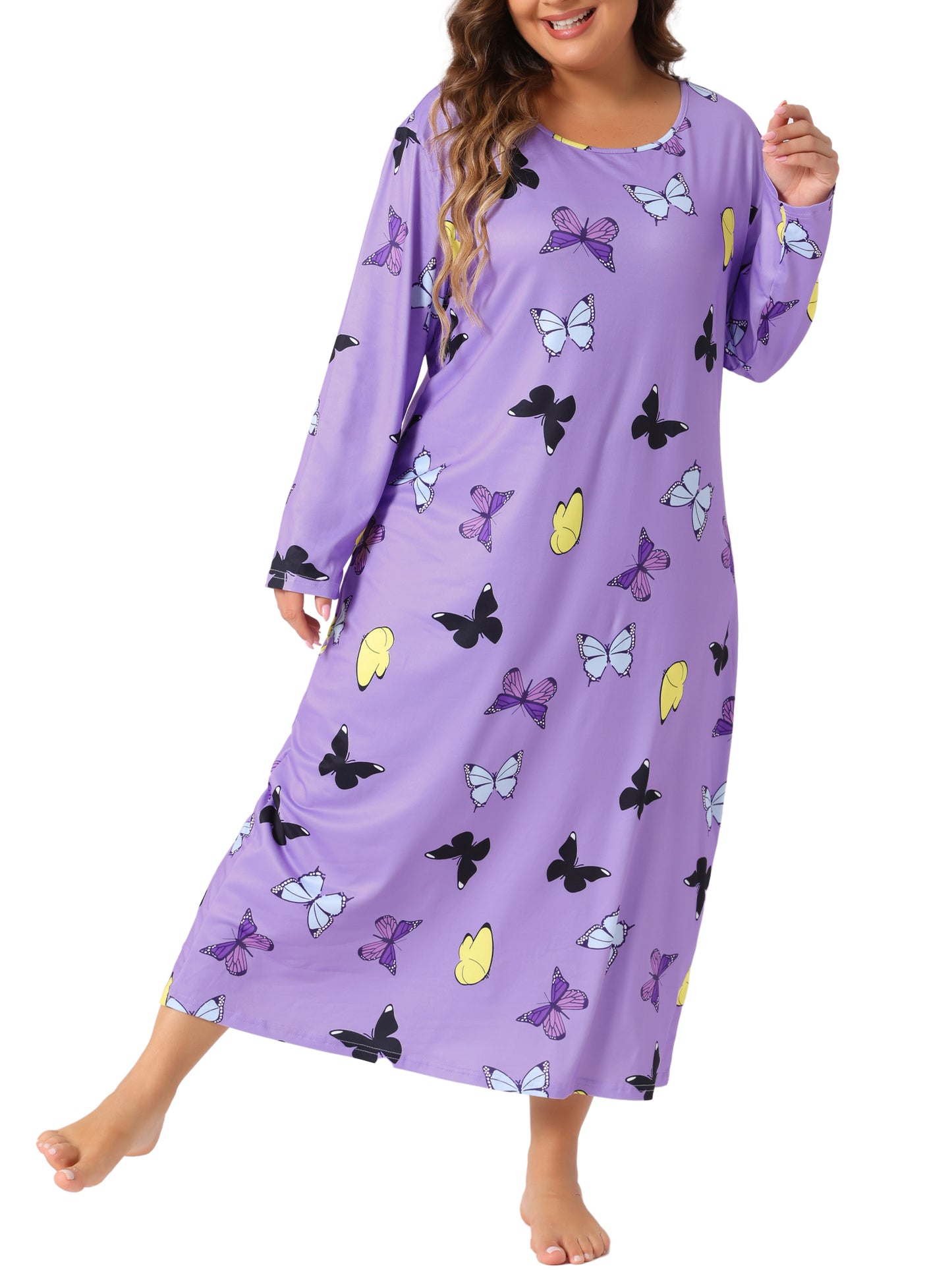 Women Plus Size Pajamas Crew Neck Long Sleeve Casual Print Sleep Dress