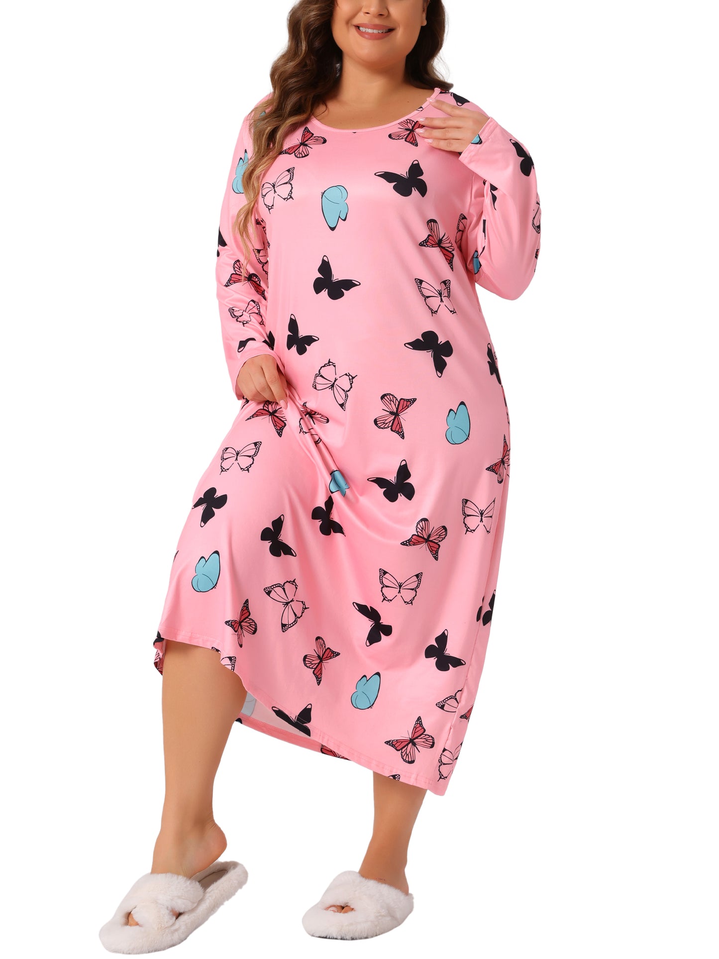 Women Plus Size Pajamas Crew Neck Long Sleeve Casual Print Sleep Dress