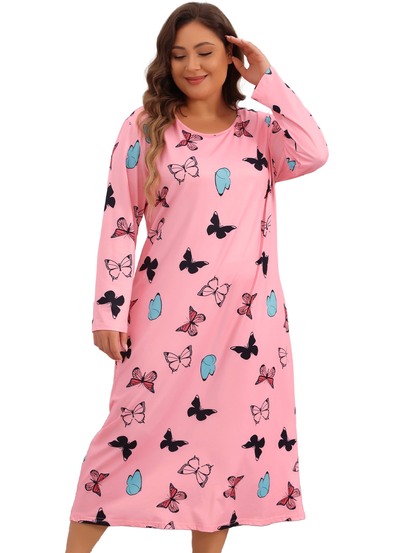 Women Plus Size Pajamas Crew Neck Long Sleeve Casual Print Sleep Dress