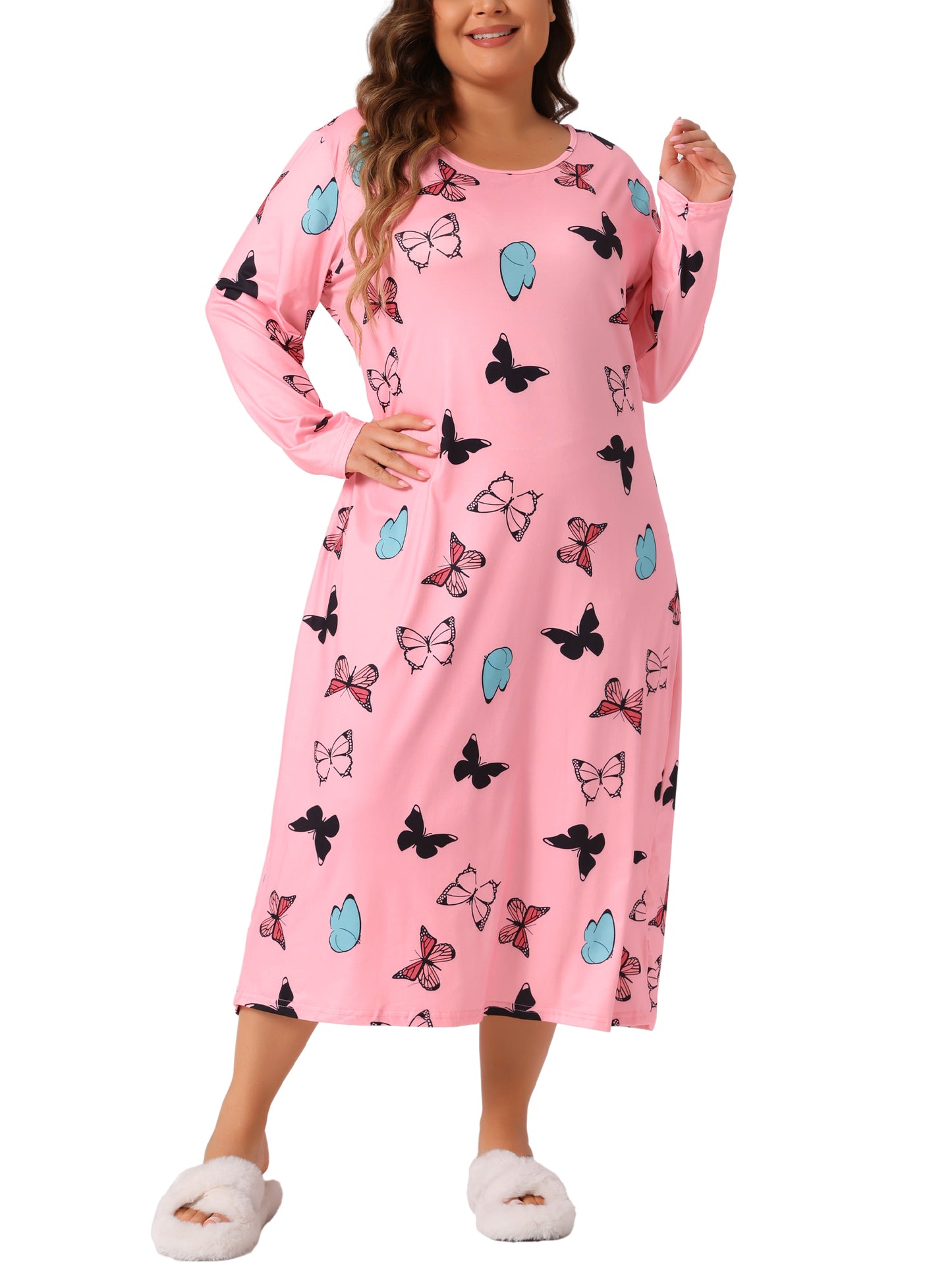 Women Plus Size Pajamas Crew Neck Long Sleeve Casual Print Sleep Dress
