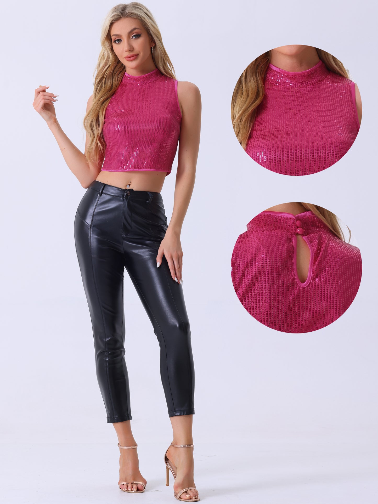 Women's Metallic Crop Top Sleeveless Holographic Sparkly Sequin Tops