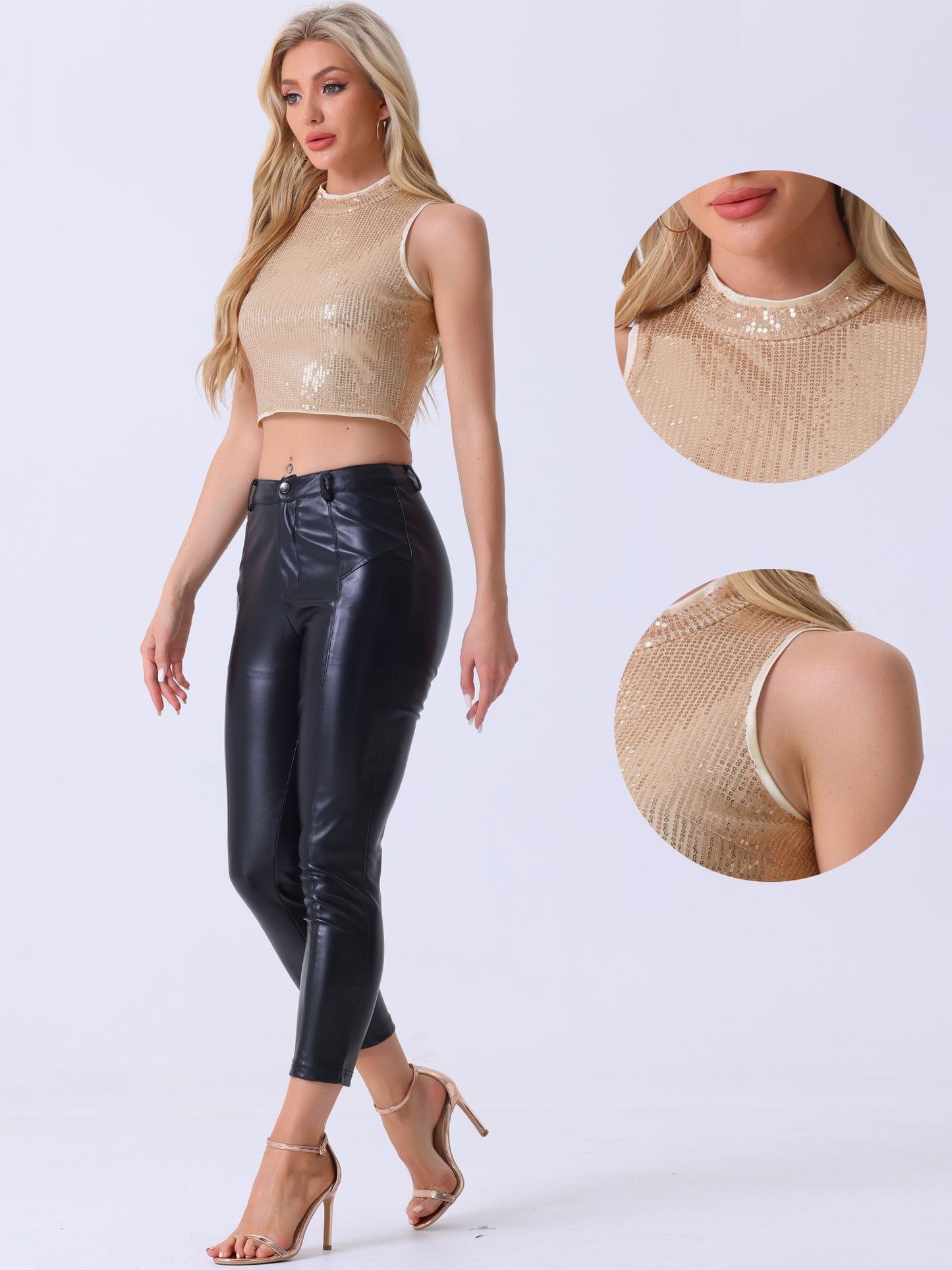 Women's Metallic Crop Top Sleeveless Holographic Sparkly Sequin Tops