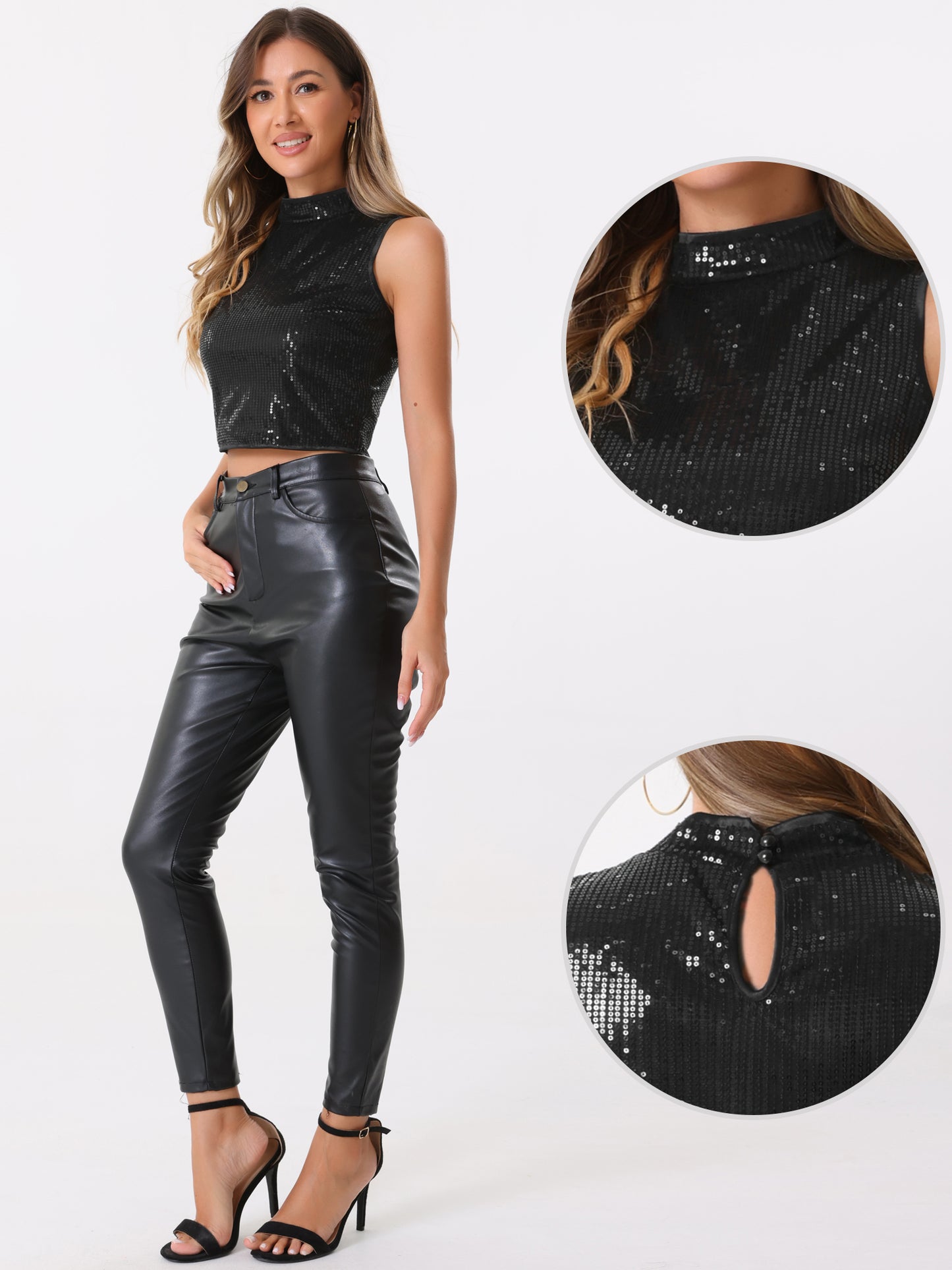Women's Metallic Crop Top Sleeveless Holographic Sparkly Sequin Tops