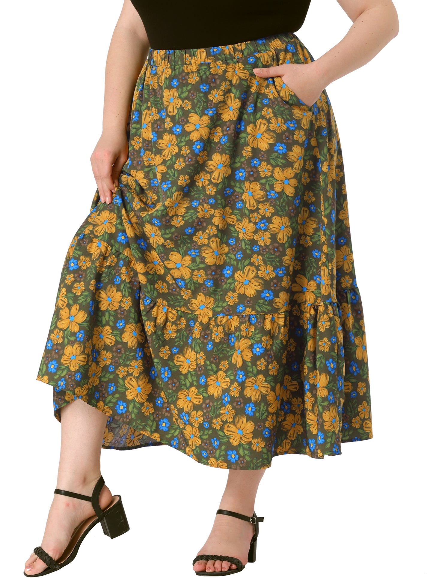 Faldas de talla grande para mujer, con estampado floral, cintura elástica, capas, línea A, con bolsillo, falda maxi de verano