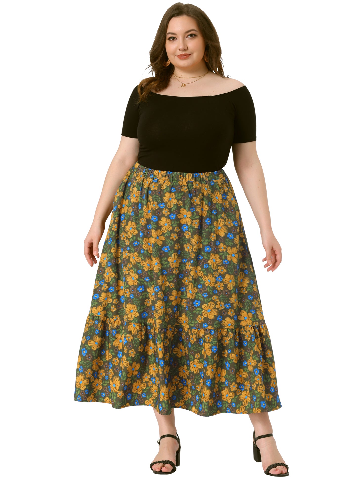 Faldas de talla grande para mujer, con estampado floral, cintura elástica, capas, línea A, con bolsillo, falda maxi de verano