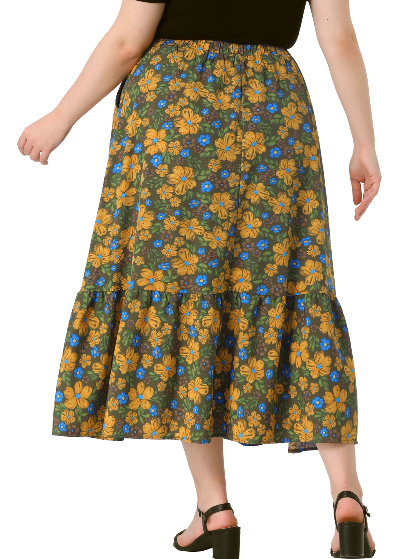 Faldas de talla grande para mujer, con estampado floral, cintura elástica, capas, línea A, con bolsillo, falda maxi de verano