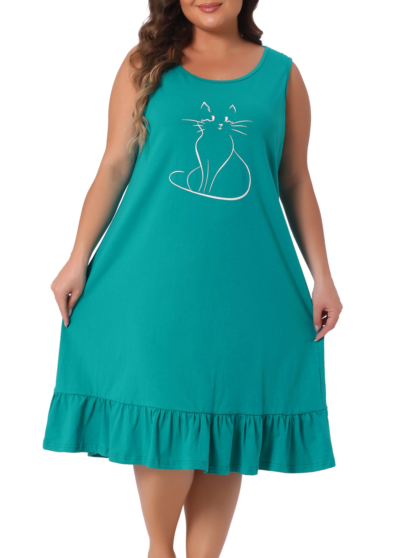 Women Plus Size Sleeveless Nightdress Cute Cat Sleepwear Pajamas Nightgown Loungewear