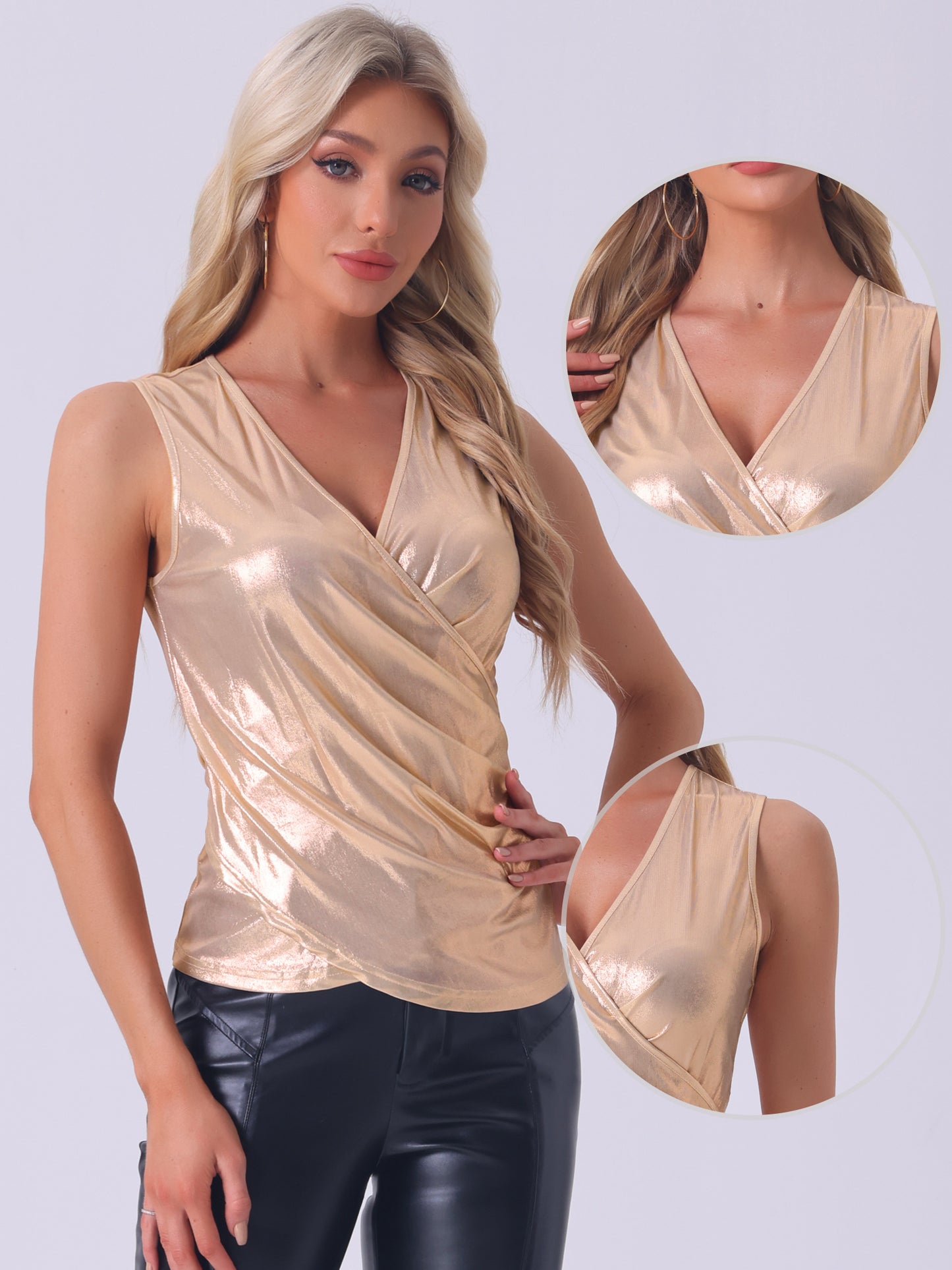 Women's Metallic Wrap Top Party Club Sleeveless V Neck Lightweight Ruched Tank Top